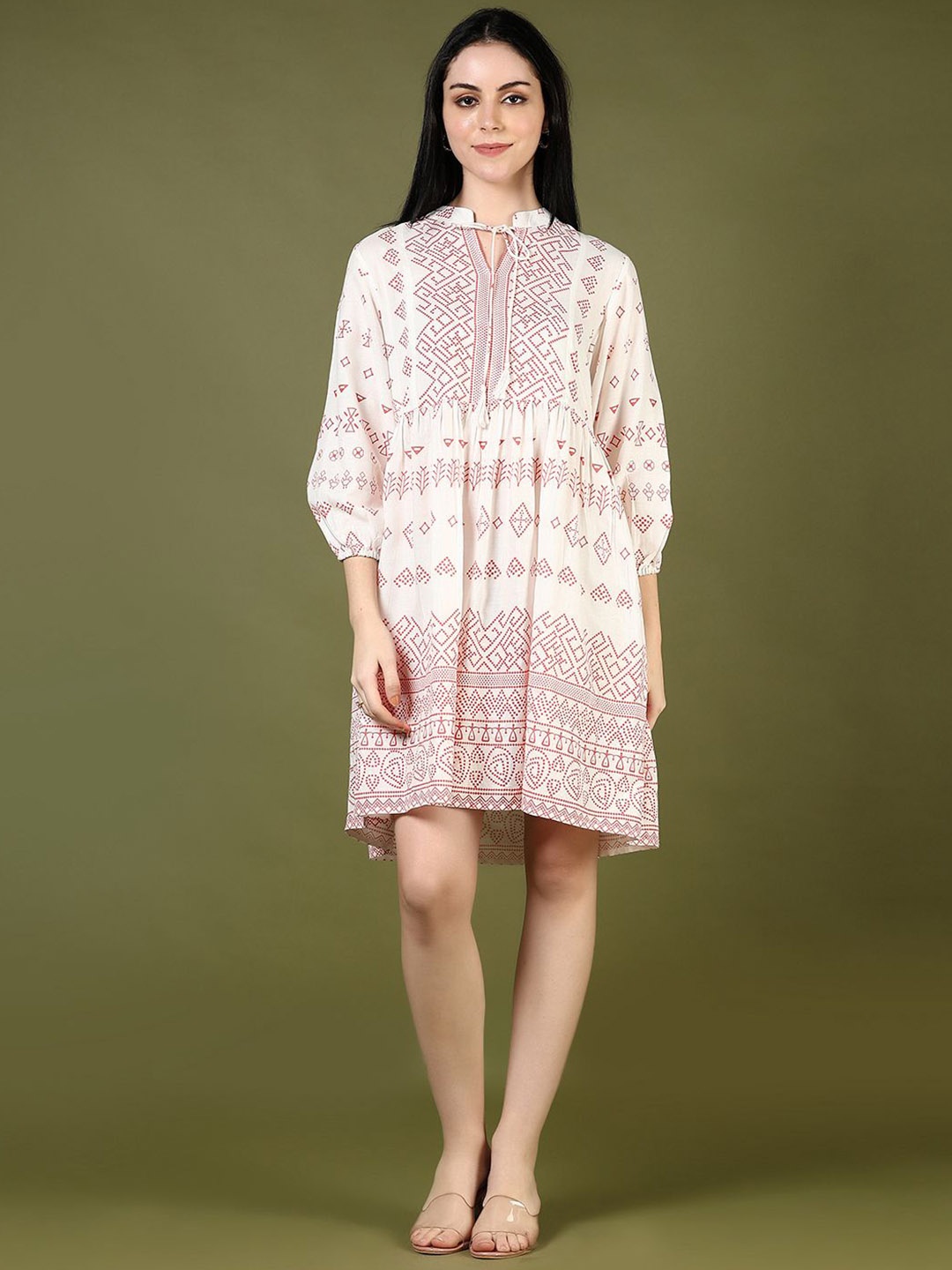 

V-Mart Printed Cotton A-Line Knee Length Ethnic Dresses, Red