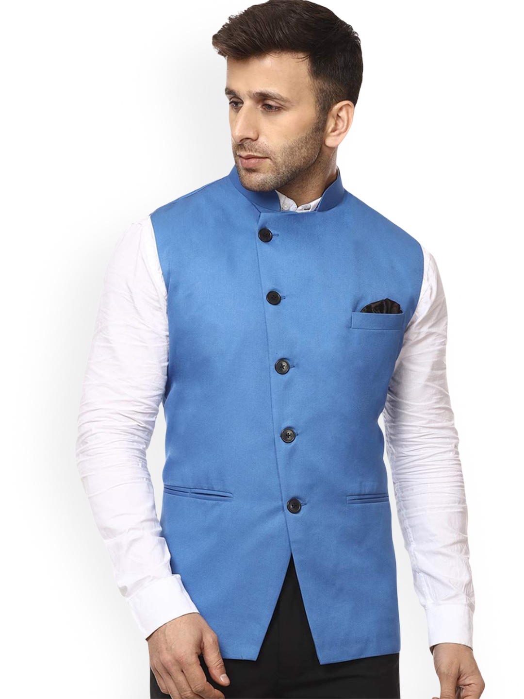 

VEERA PARIDHAAN Cotton Chinese Collar Nehru Jackets, Blue