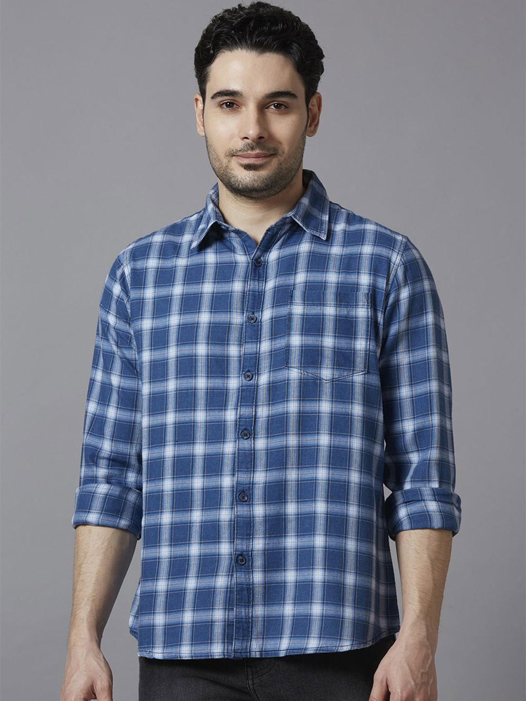 

SNX Men Tailored Fit Tartan Checks Opaque Checked Casual Shirt, Blue