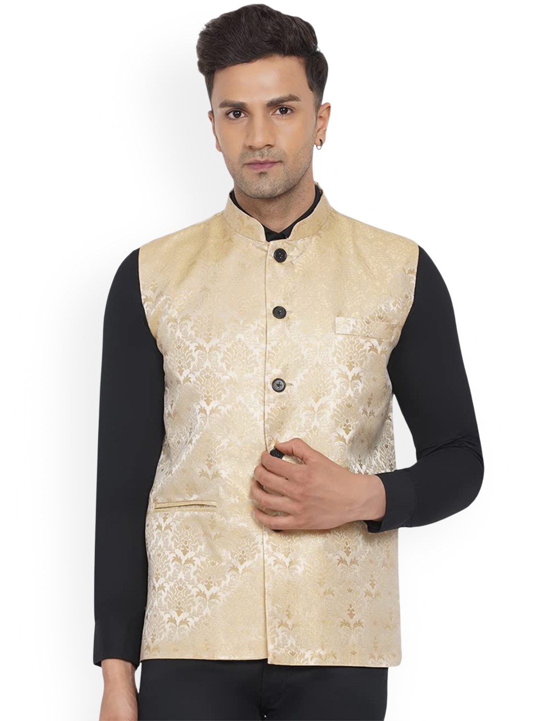

VEERA PARIDHAAN Jacquard Printed Mandarin Collar Nehru Jacket, Gold