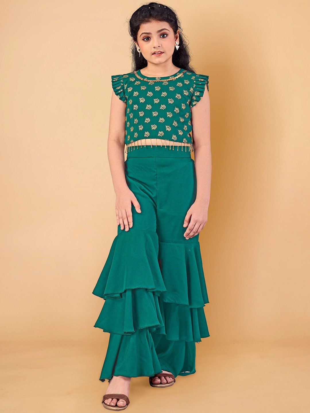 

Kidotsav Girls Floral Printed Regular Top with Sharara, Green