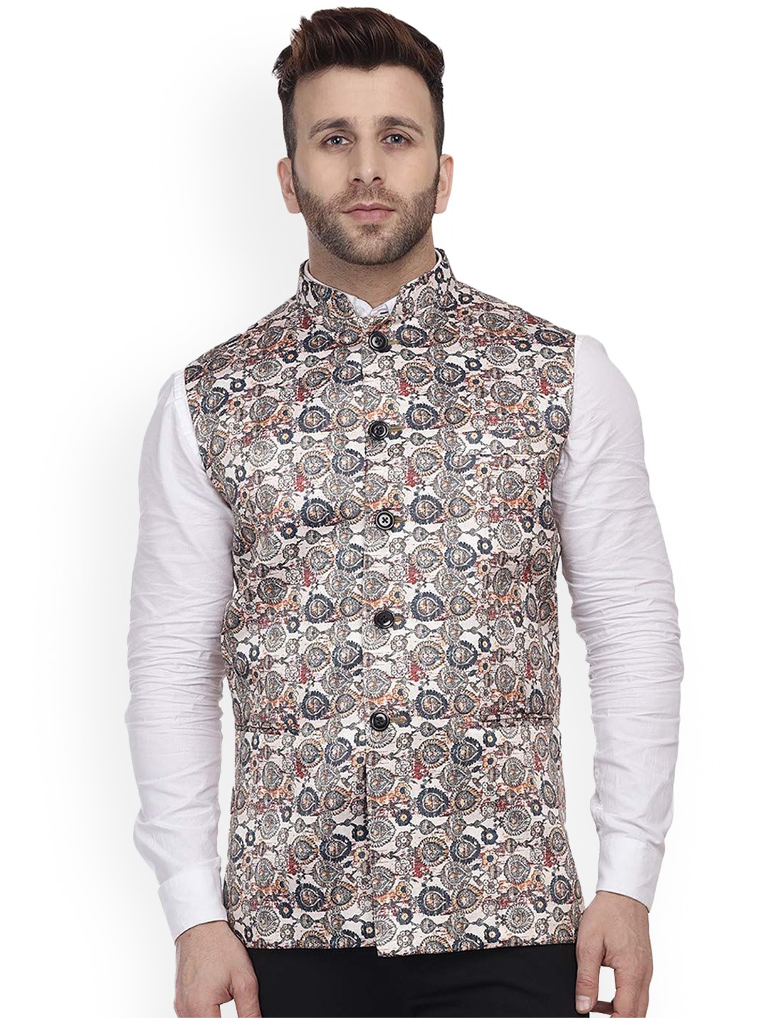 

VEERA PARIDHAAN Printed Cotton Nehru Jacket, Beige