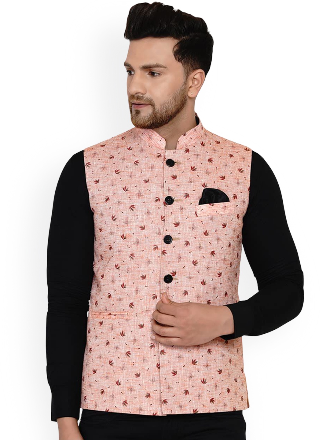 

VEERA PARIDHAAN Pure Cotton Printed Mandarin Collar Nehru Jacket, Pink