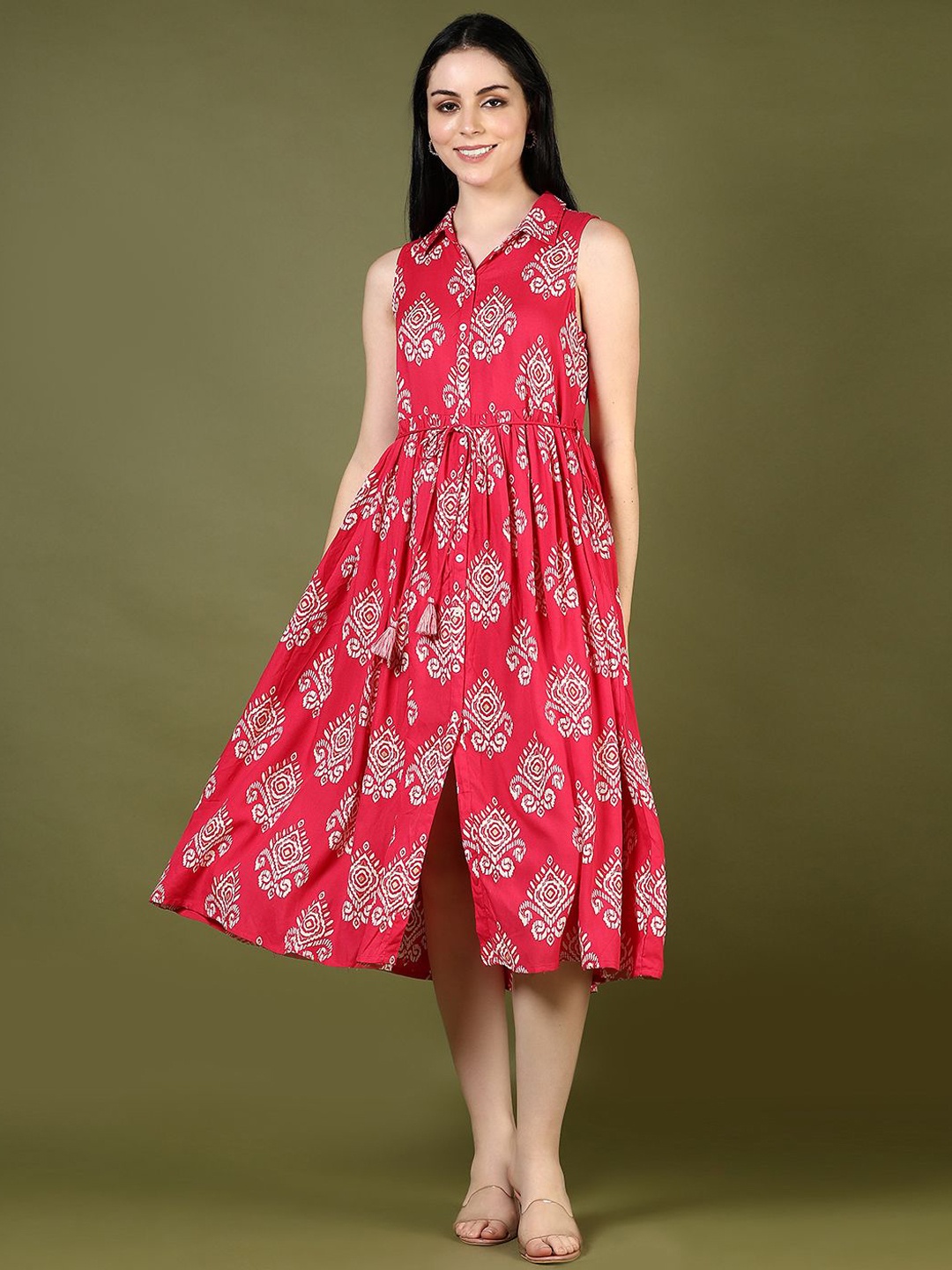 

V-Mart Printed Shirt Collar Fit & Flared Midi Ethnic Dresses, Pink
