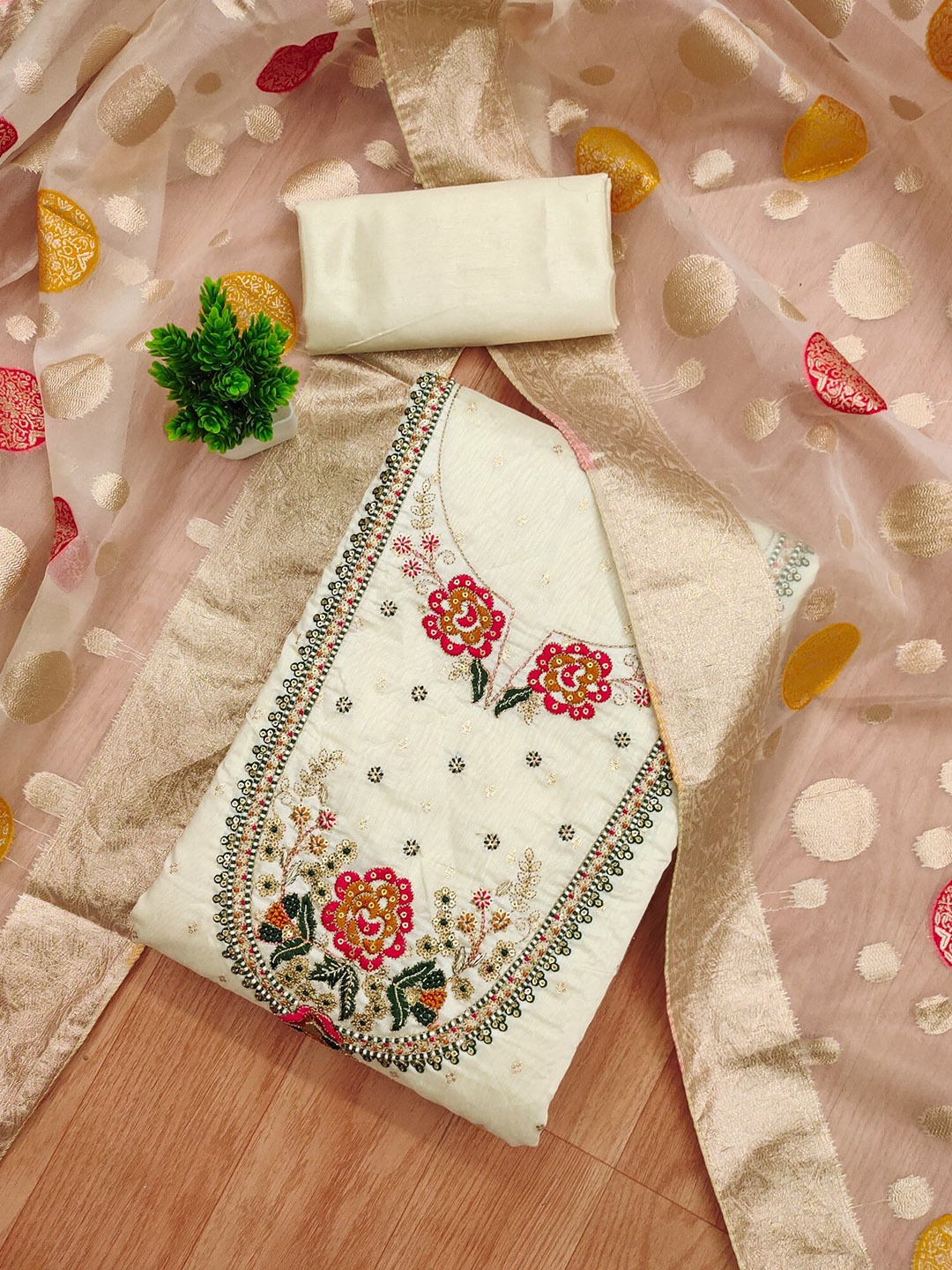 

KALINI Embroidered Unstitched Dress Material, Off white