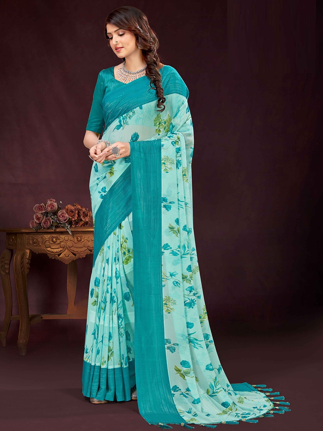 

MAHALASA Floral Pure Georgette Saree, Sea green