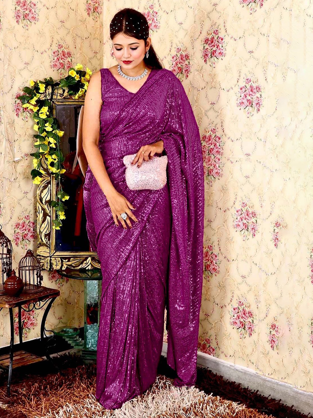 

ANJANI TEXTILE Embellished Sequinned Poly Georgette Heavy Work Saree, Purple