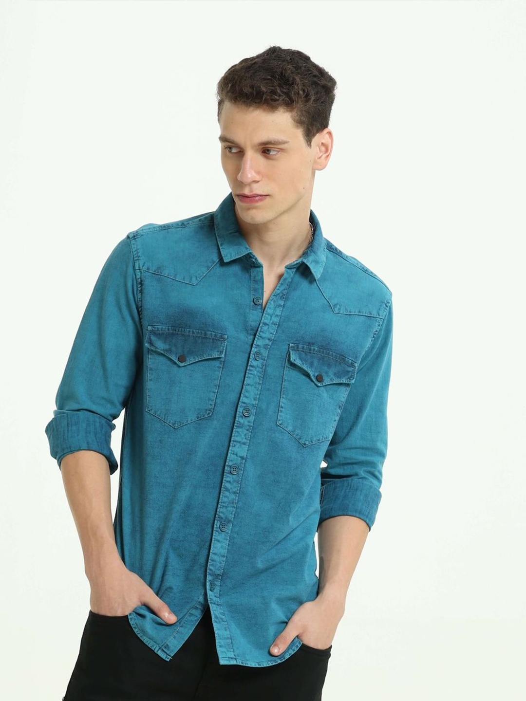 

Estilocus Men Standard Faded Opaque Casual Shirt, Teal