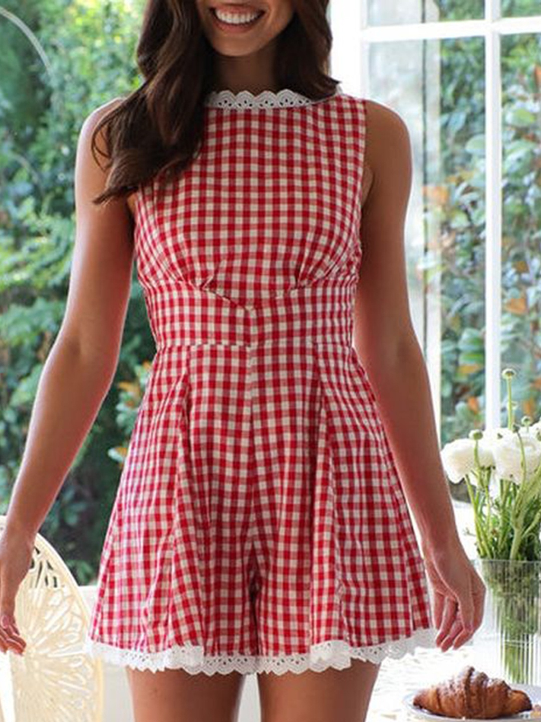 

LULU & SKY Checked Boat-Neck Playsuit Jumpsuit, Red