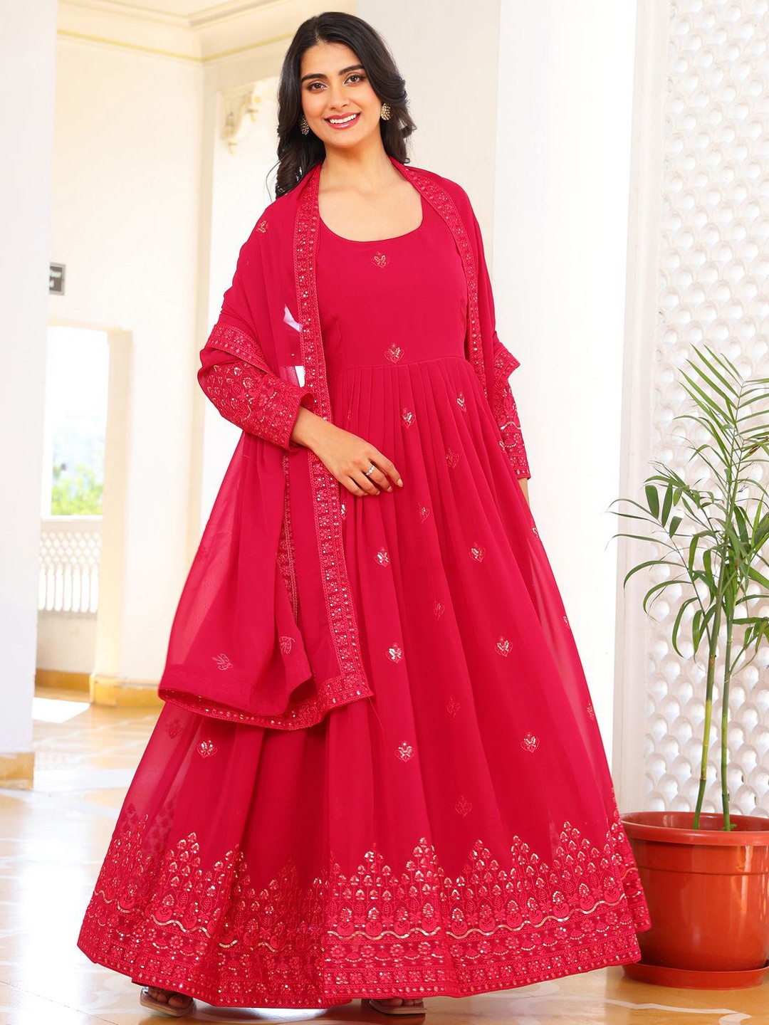 

Ethnic Yard Women Ethnic Motifs Embroidered Regular Sequinned Kurta with Trousers & With Dupatta, Pink