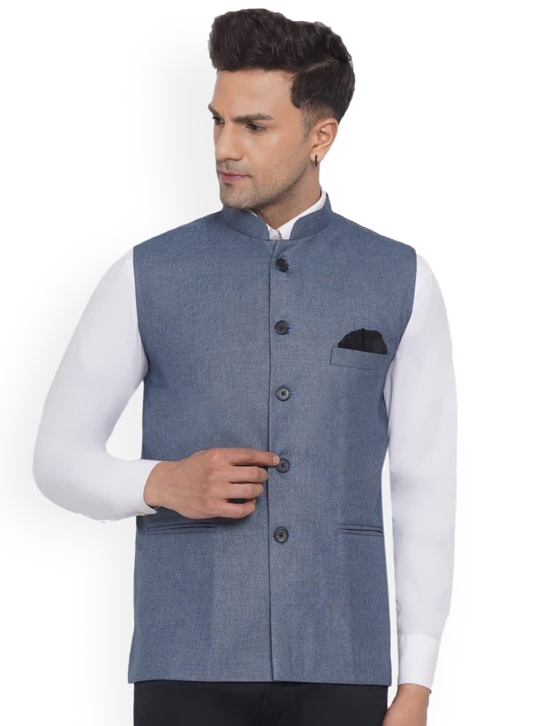 

VEERA PARIDHAAN Mandarin Collar Nehru Jacket, Blue