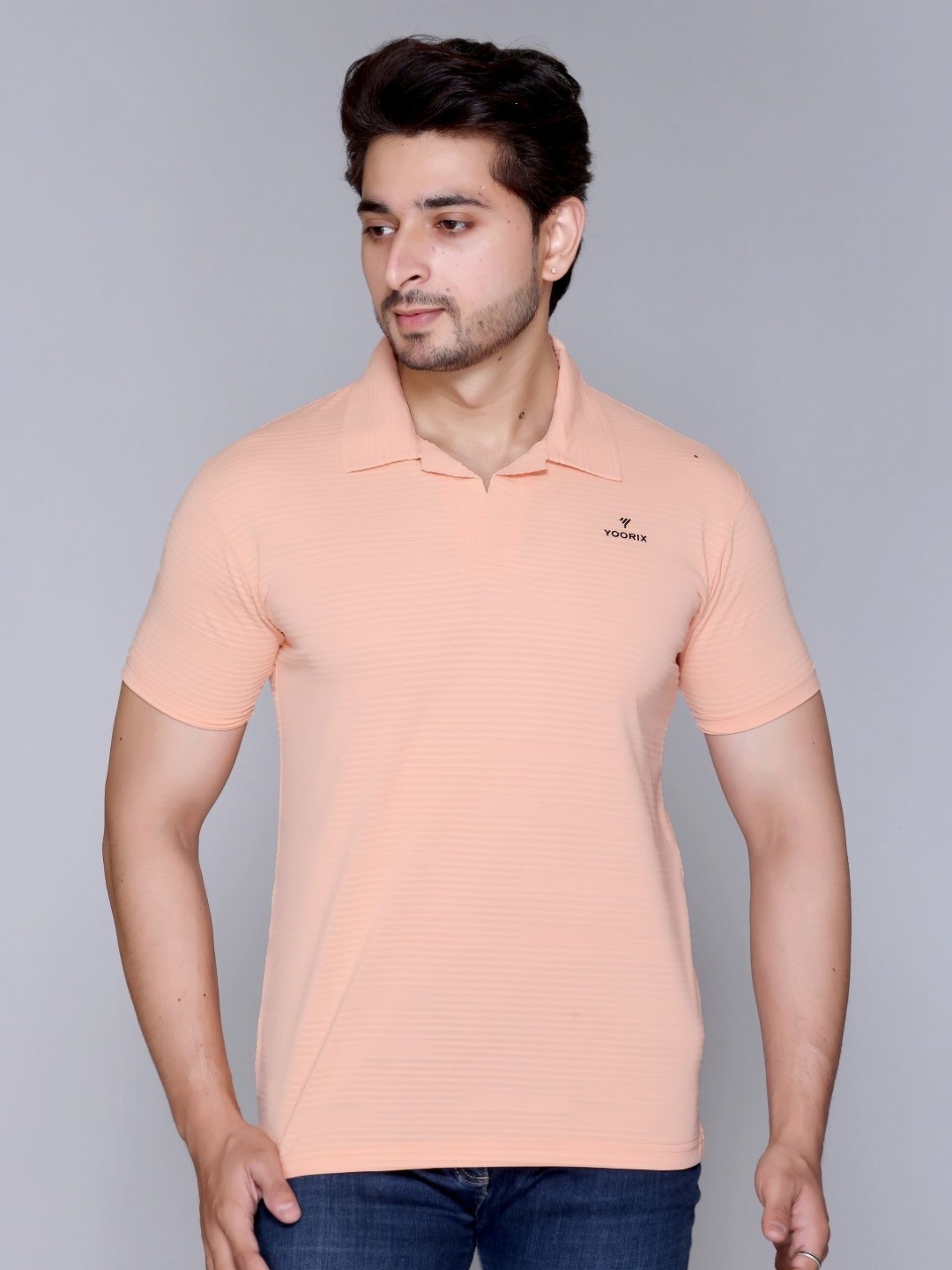 

Yoorix Men Mandarin Collar T-shirt, Peach
