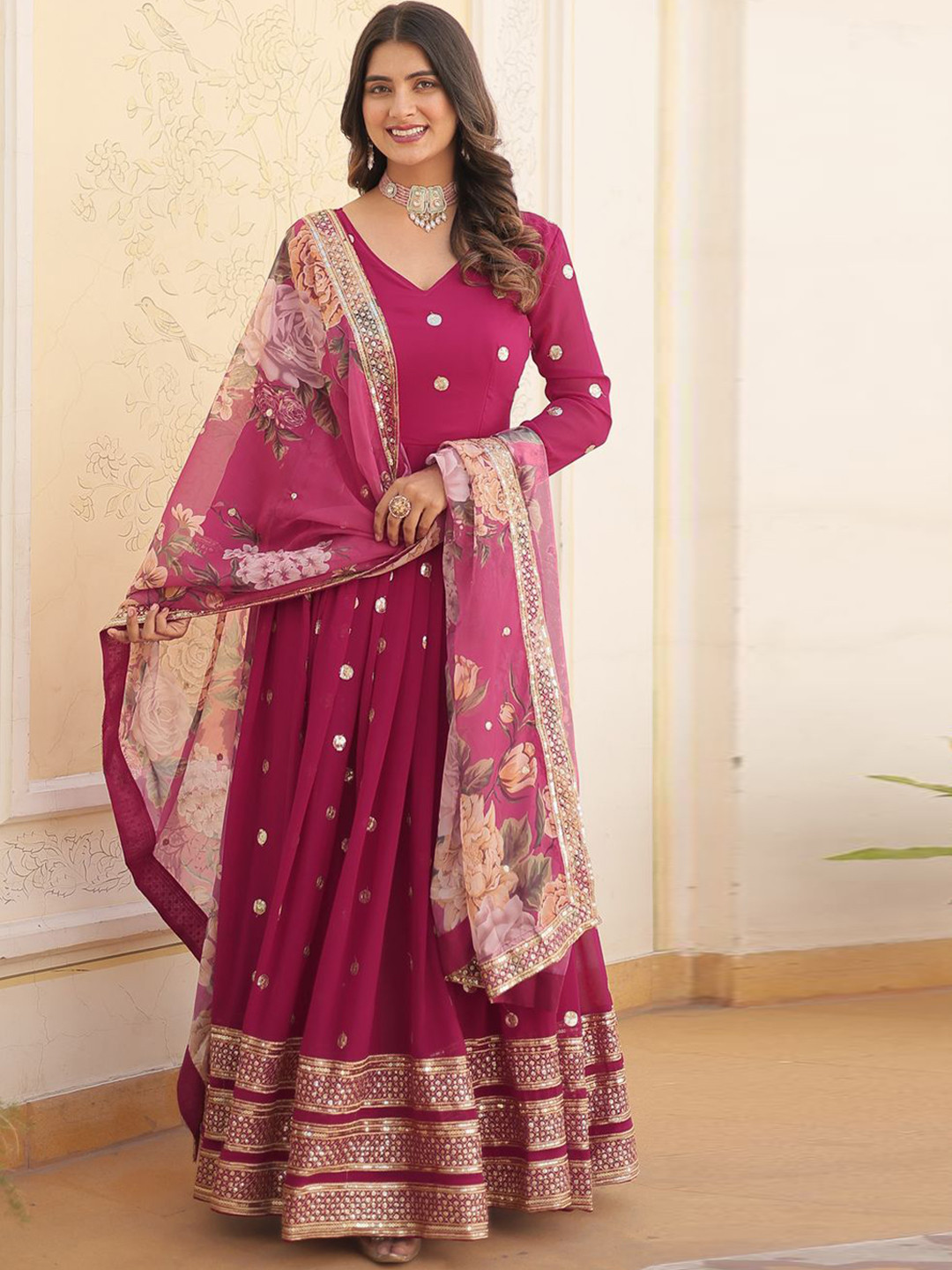 

Anara Women Ethnic Motifs Embroidered Georgette Anarkali Kurta, Pink