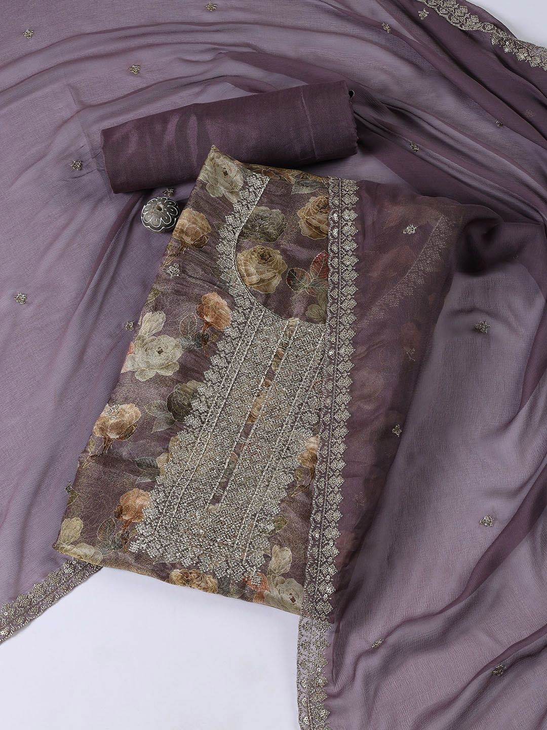 

Meena Bazaar Printed Unstitched Dress Material, Mauve