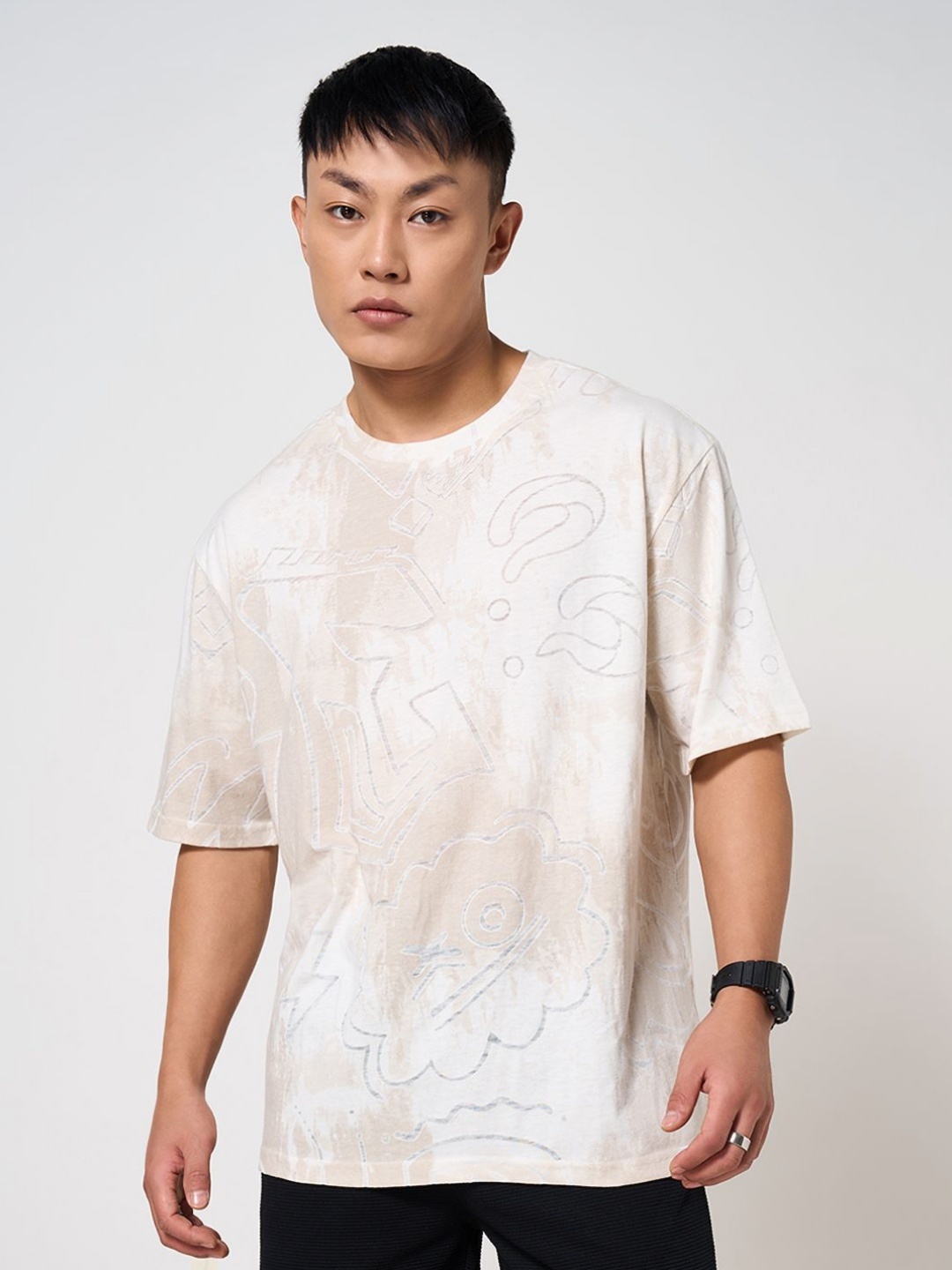 

Street 808 by Pantaloons Men Printed Pockets Boxy T-shirt, Off white