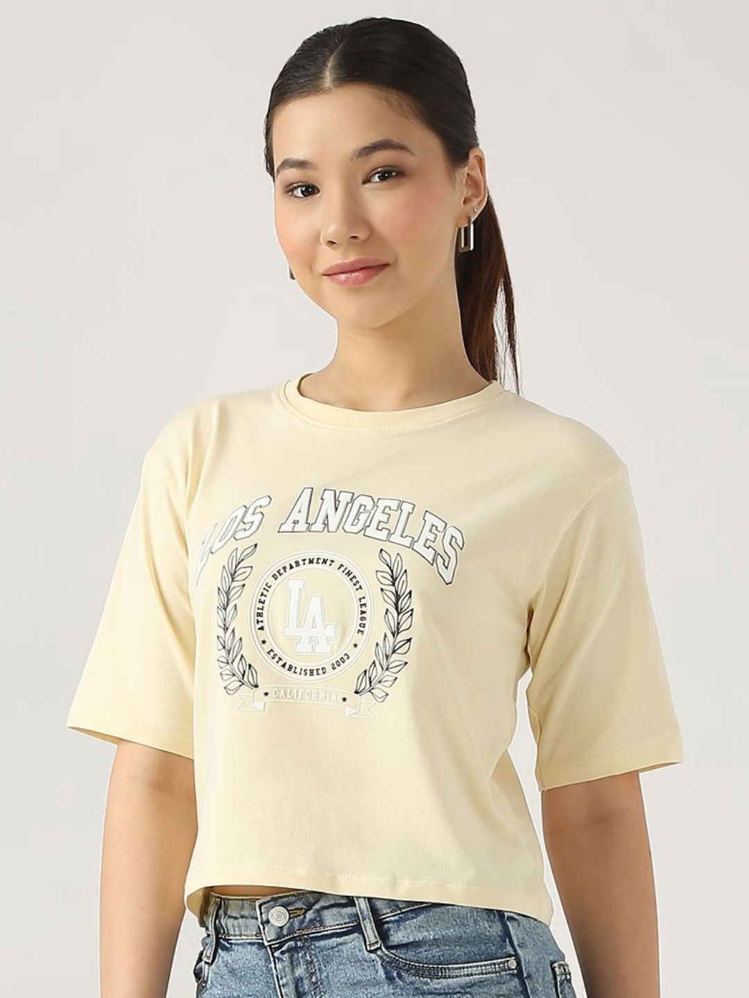

Kraus Jeans Women Printed Slim Fit T-shirt, Cream