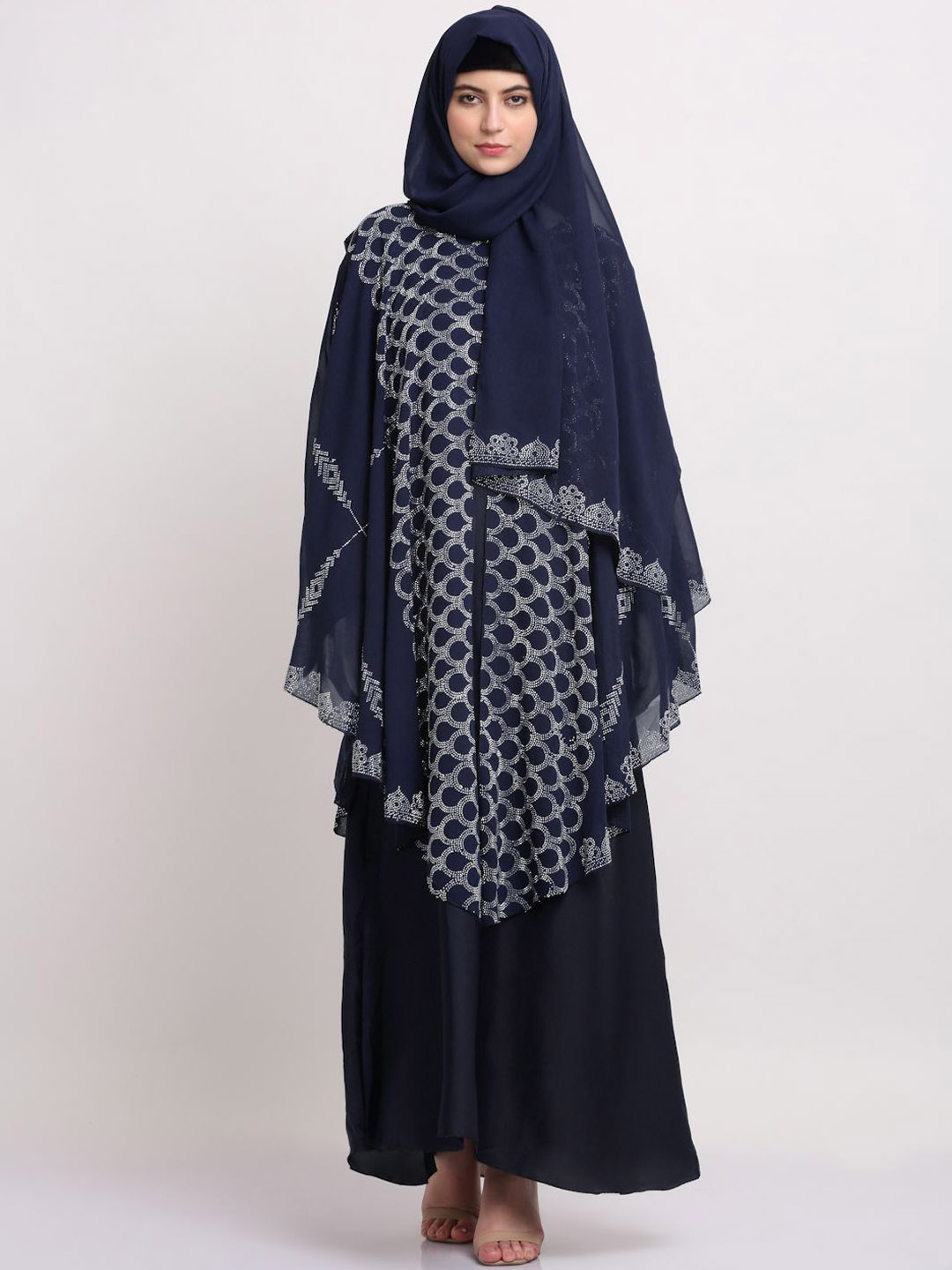 

Arrabi Embellished Detail Round Neck Indian Ethnic Burqa With Scarf, Blue