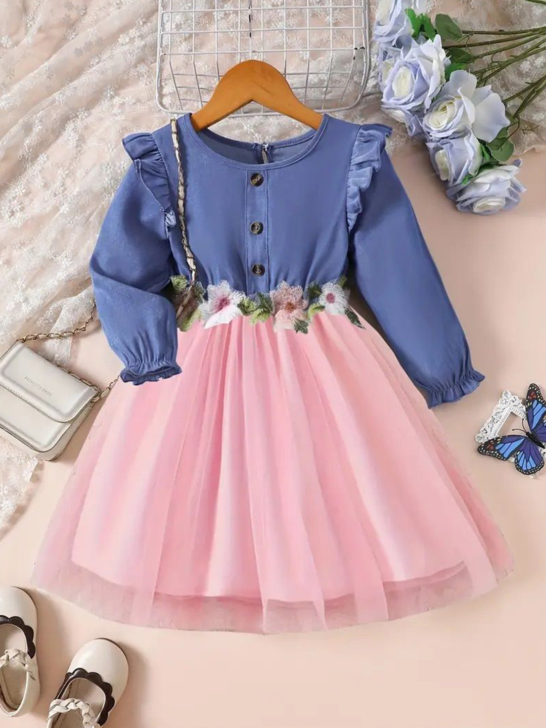 

SK DRESSES Floral Puff Sleeve Denim Fit & Flare Dress, Pink