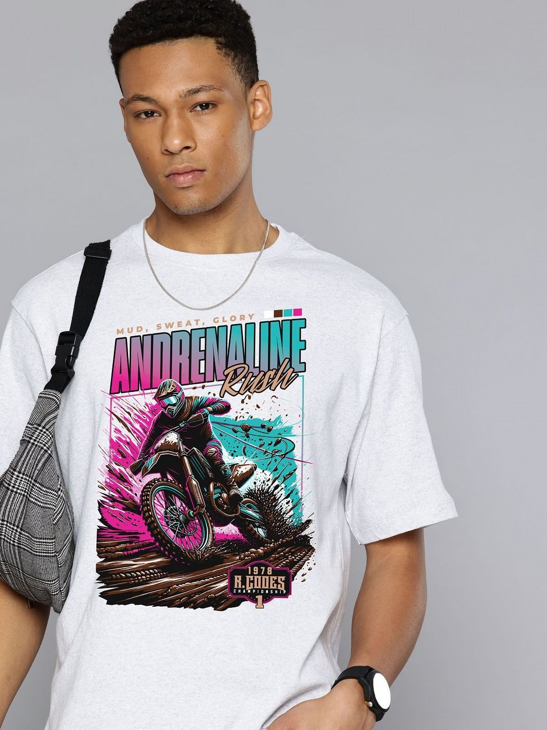 

R.Code by The Roadster Life Co. Men Printed Raw Edge T-shirt, Silver