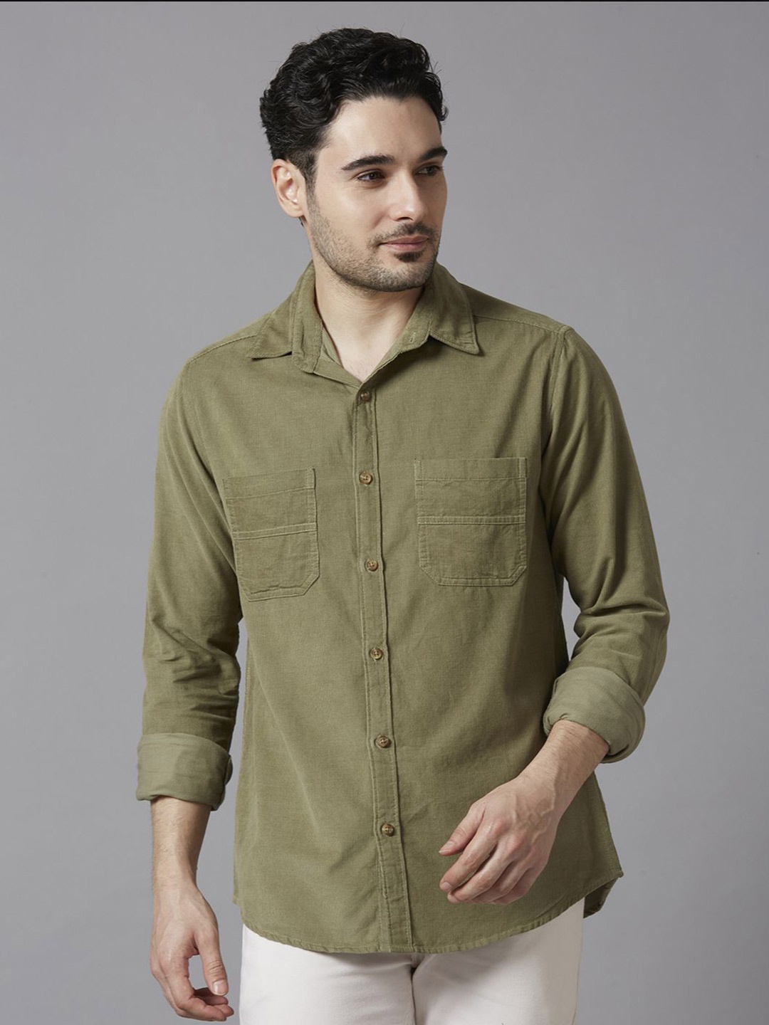 

SNX Men Tailored Fit Opaque Casual Shirt, Olive