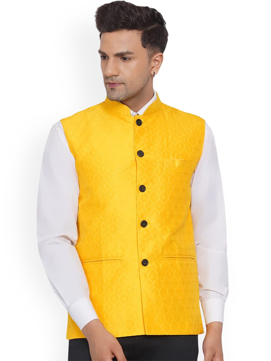 

VEERA PARIDHAAN Printed Jacquard Design Mandarin Collar Nehru Jacket, Yellow