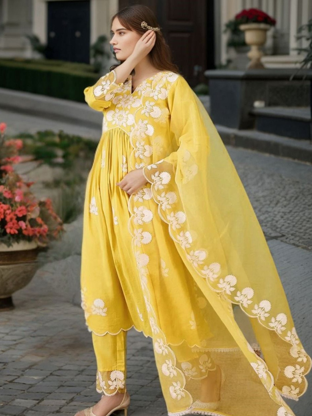 

Moda Rapido Women Floral Embroidered Regular Sequinned Kurta with Trousers & With Dupatta, Yellow
