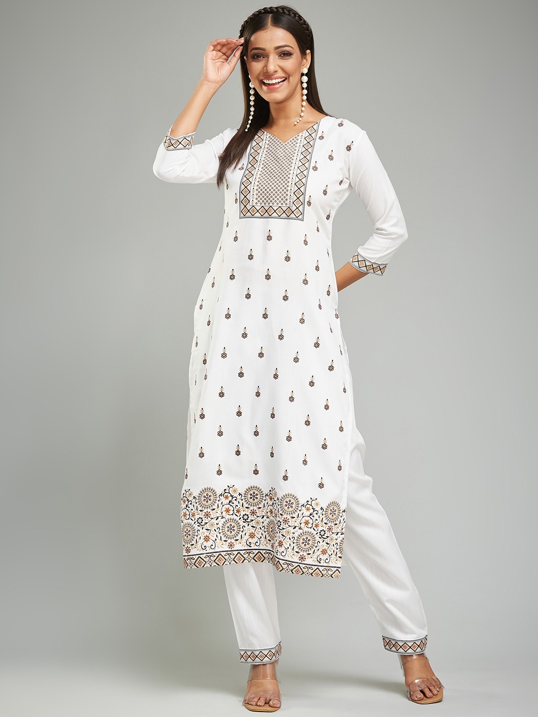 

Anara Women Ethnic Motifs Printed Regular Chanderi Silk Kurta with Pyjamas, White