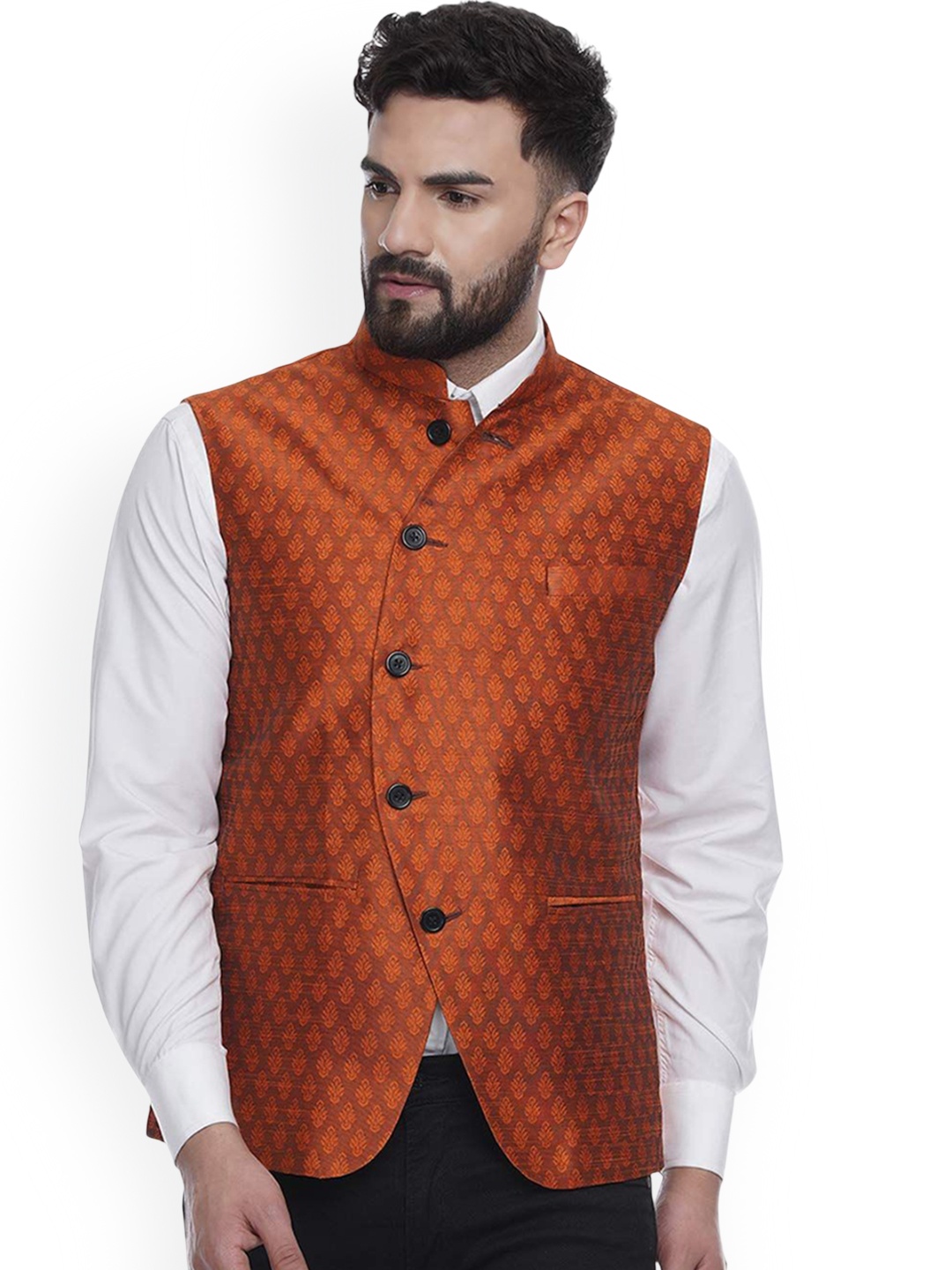 

VEERA PARIDHAAN Jacquard Silk Printed Mandarin Collar Nehru Jacket, Orange