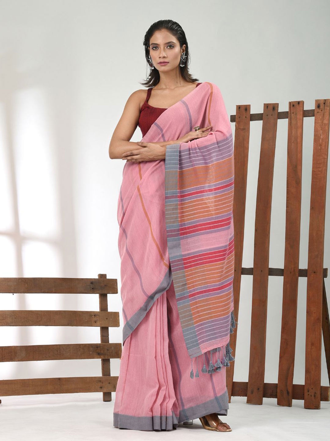 

Charukriti Striped Pure Cotton Saree, Pink