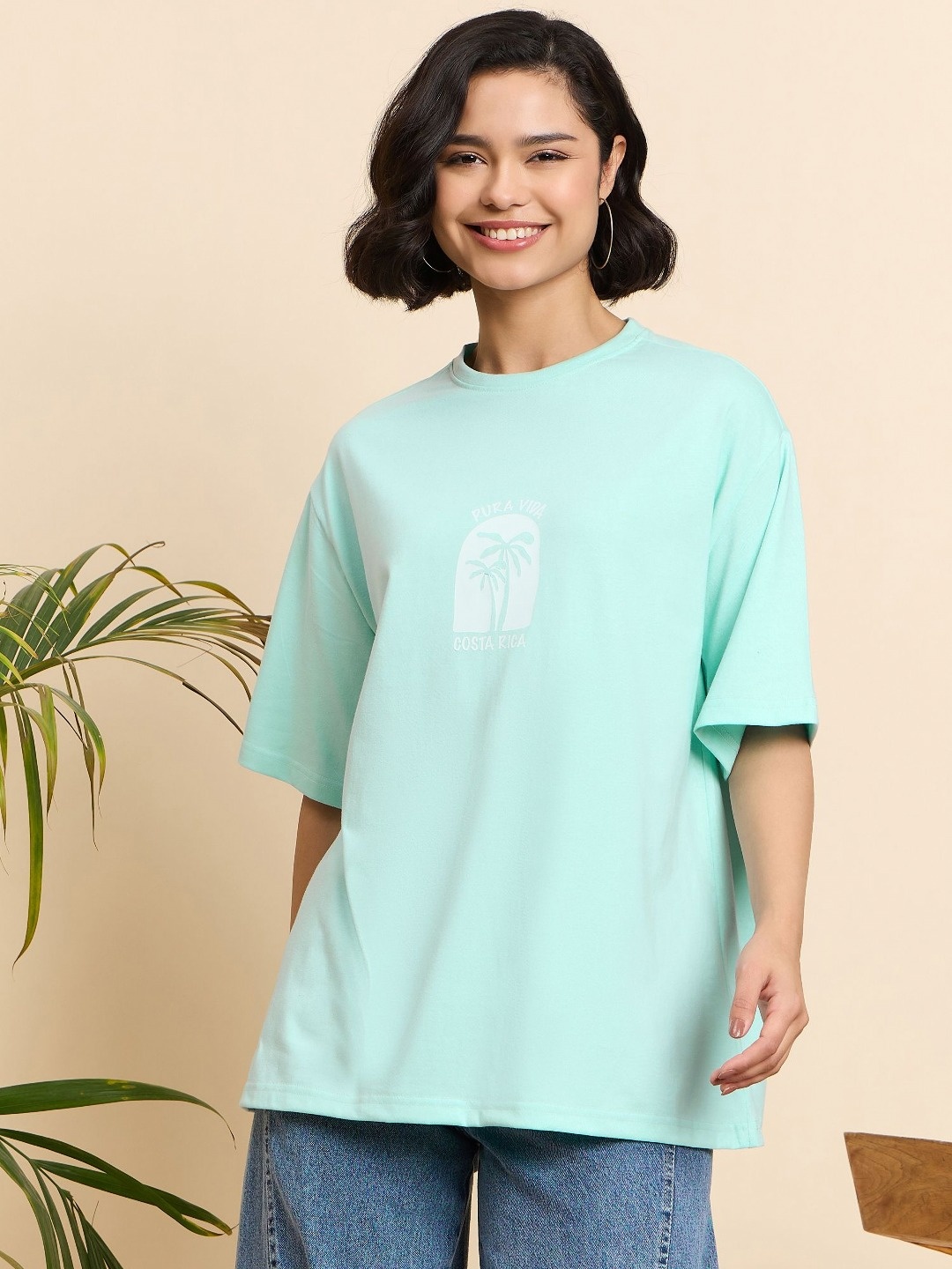

Mast & Harbour Women Printed Drop-Shoulder Sleeves T-shirt, Turquoise blue