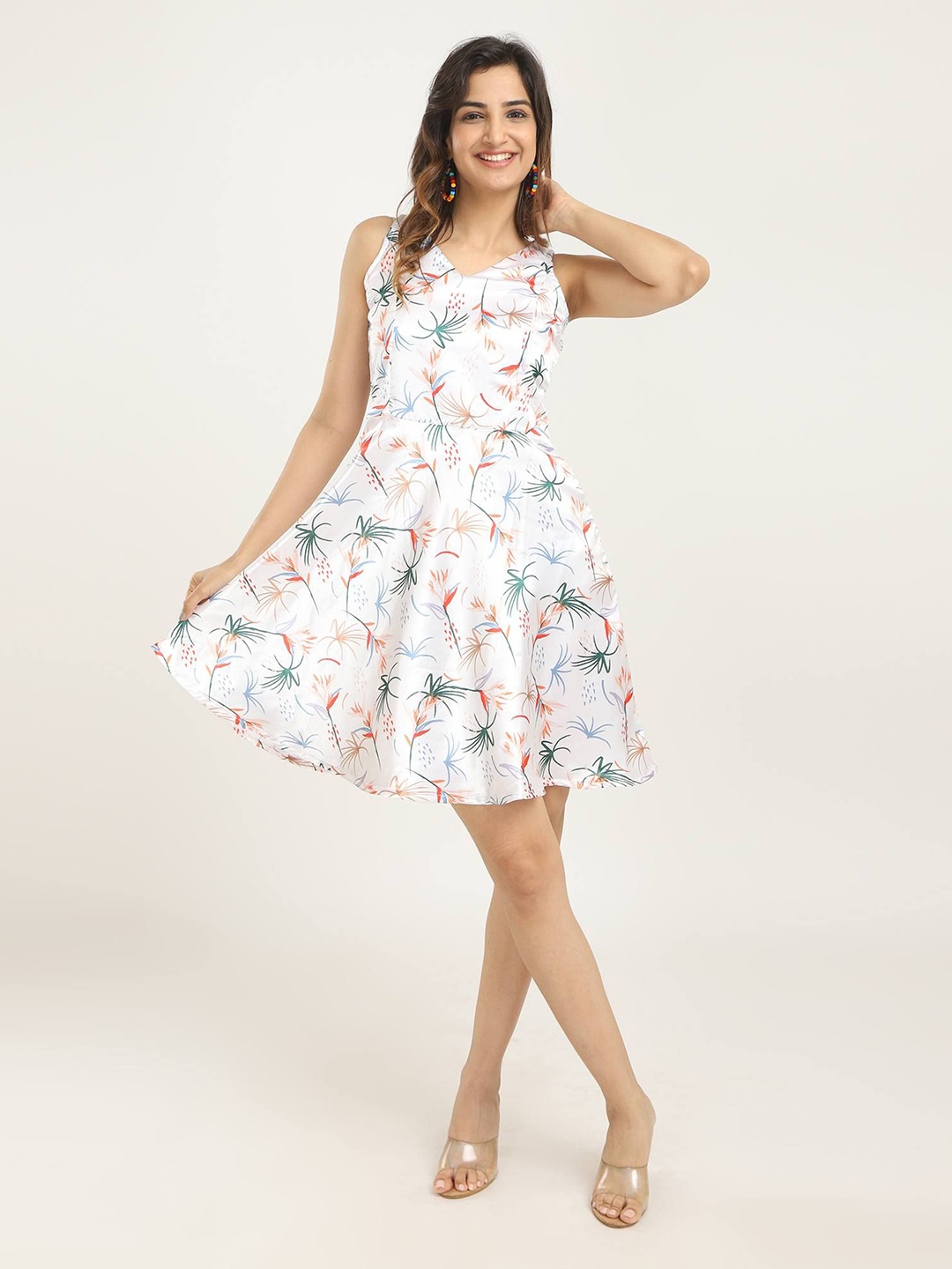 

URBAN POCHE Floral Print Satin Fit & Flare Dress, White