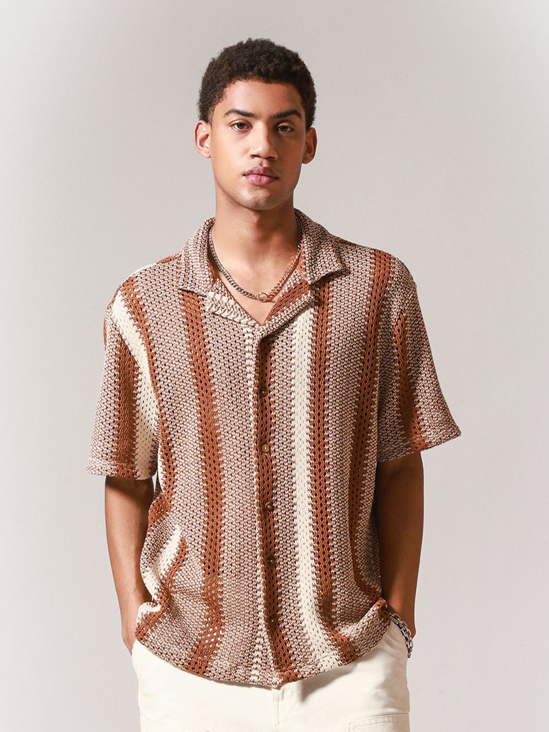 

H&M Relaxed Fit Crochet Shirt, Brown