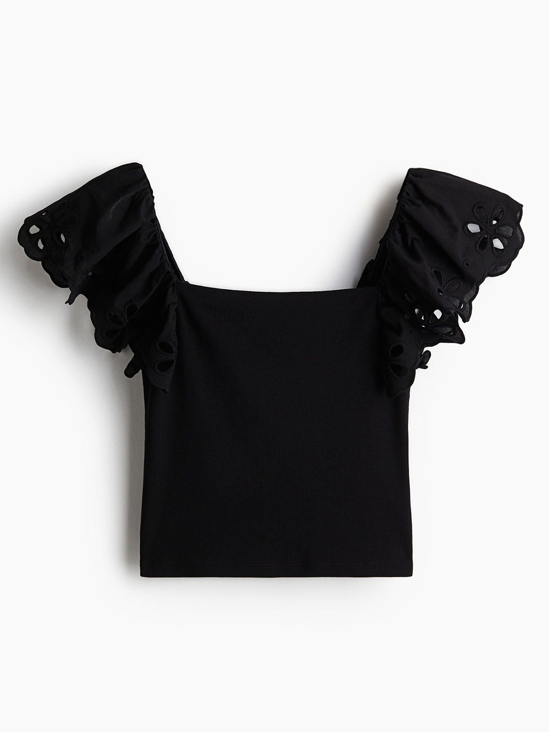 

H&M Broderie Anglaise-Detail Ribbed Top, Black