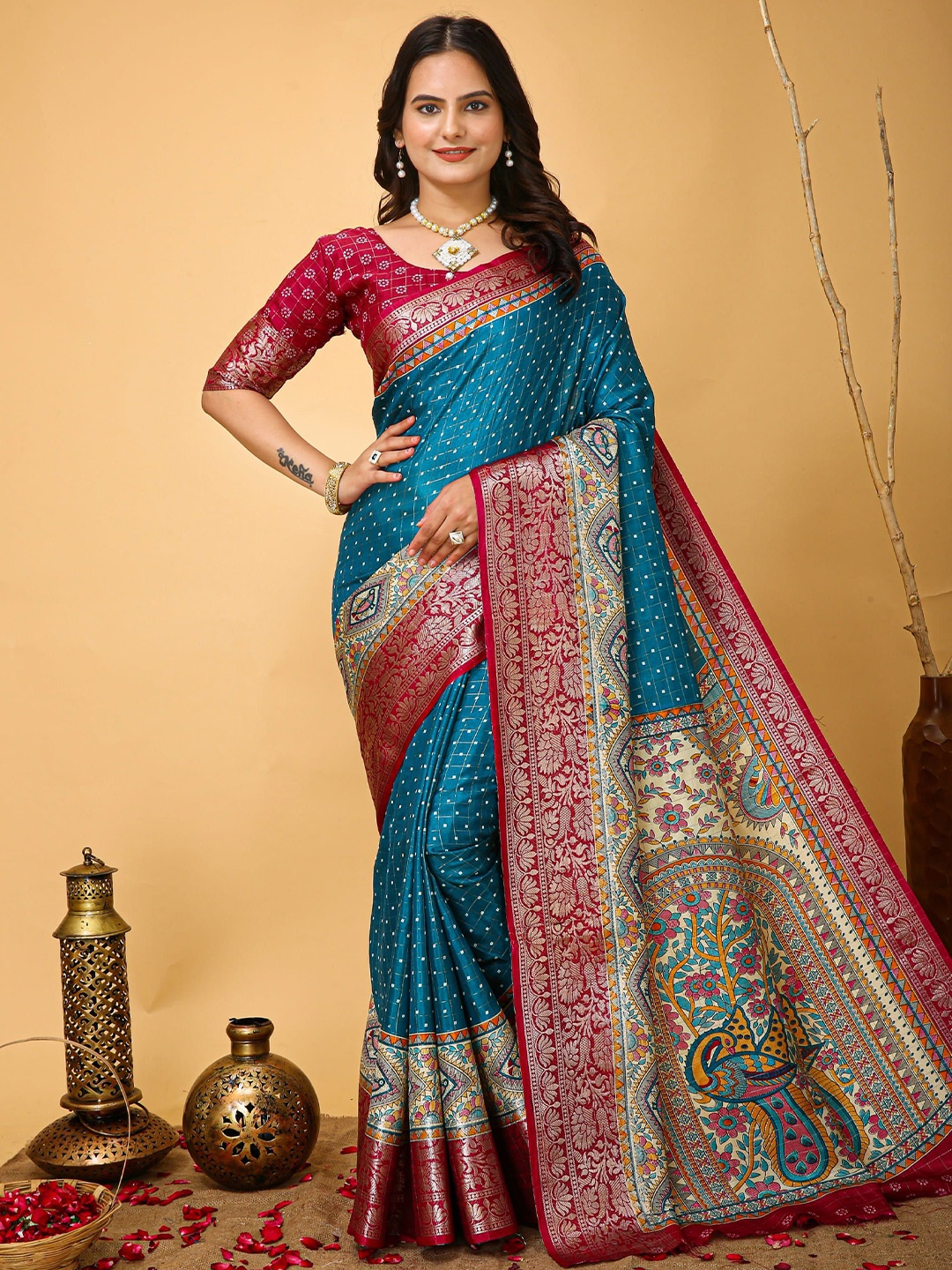 

HERE&NOW Floral Zari Silk Cotton Banarasi Saree, Blue