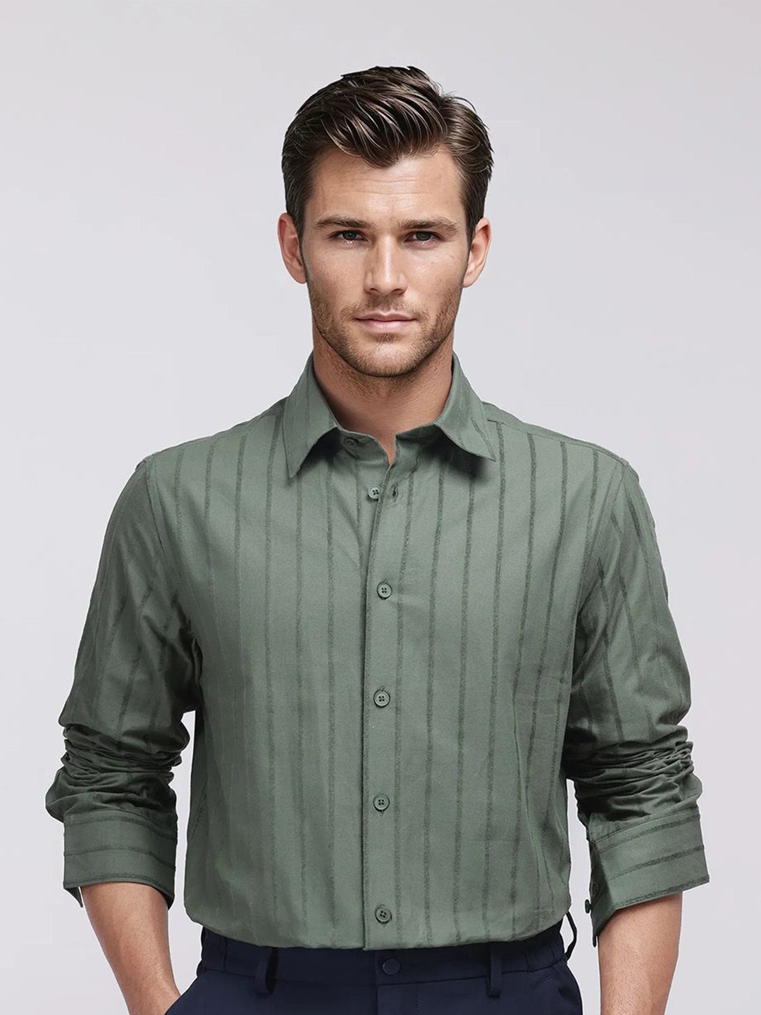 

RARE RABBIT Men Comfort Striped Casual Shirt, Green