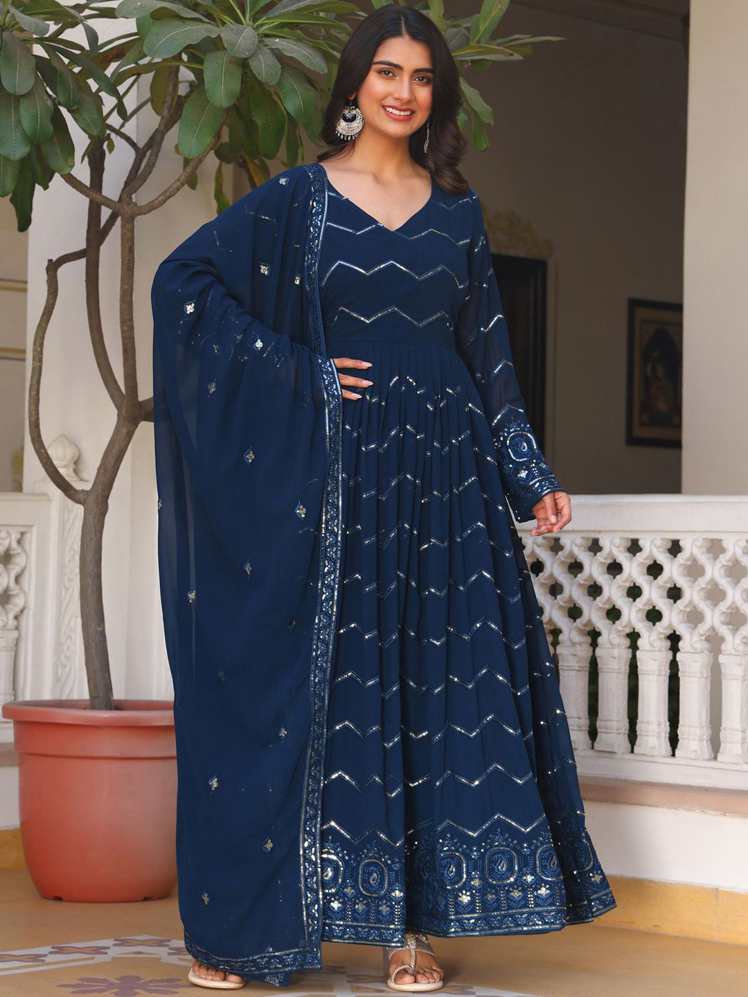 

Ethnic Yard Women Ethnic Motifs Embroidered Empire Sequinned Kurta with Trousers & With Dupatta, Turquoise blue
