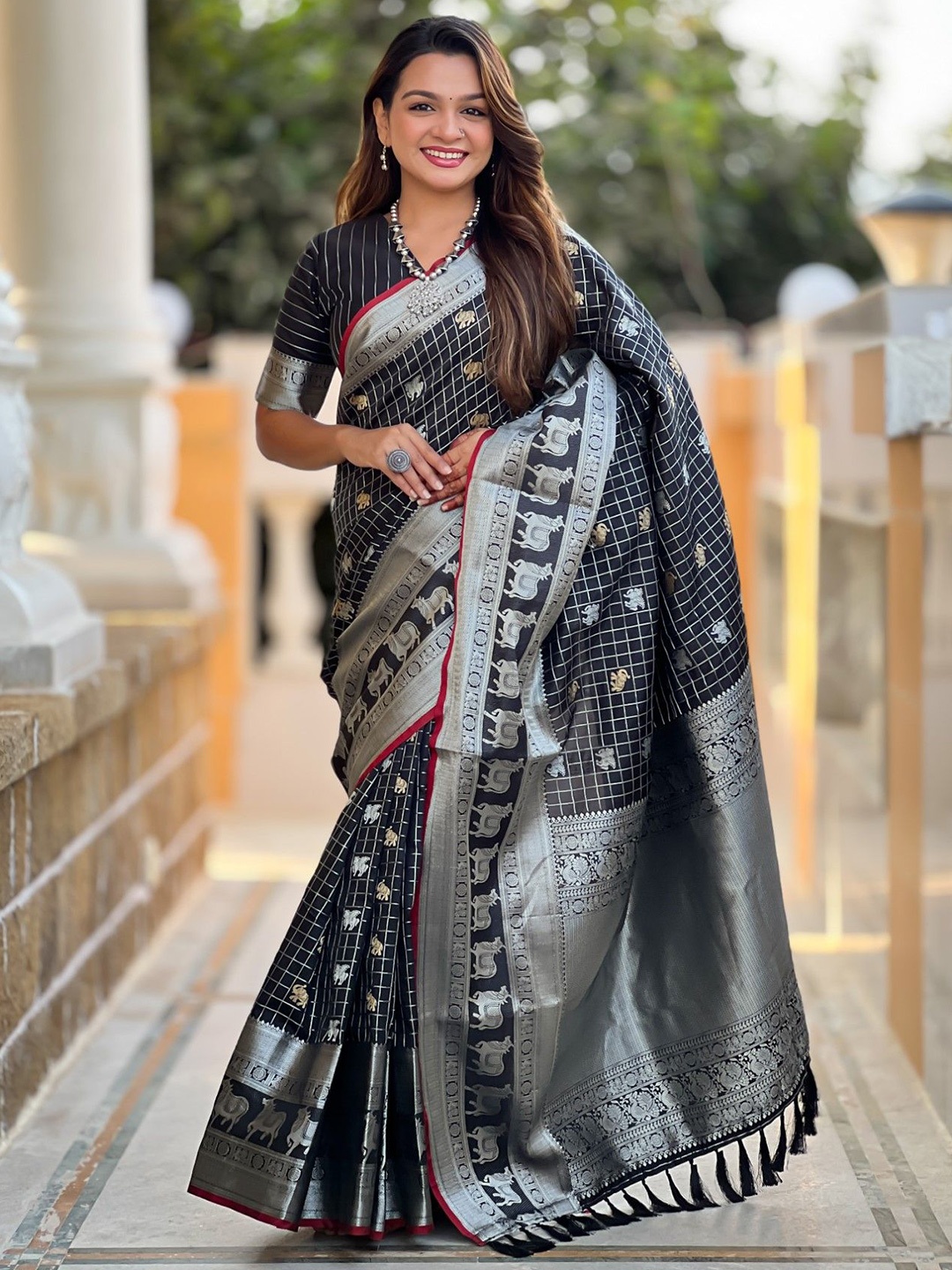 

Mitera Woven Design Zari Silk Blend Saree, Black