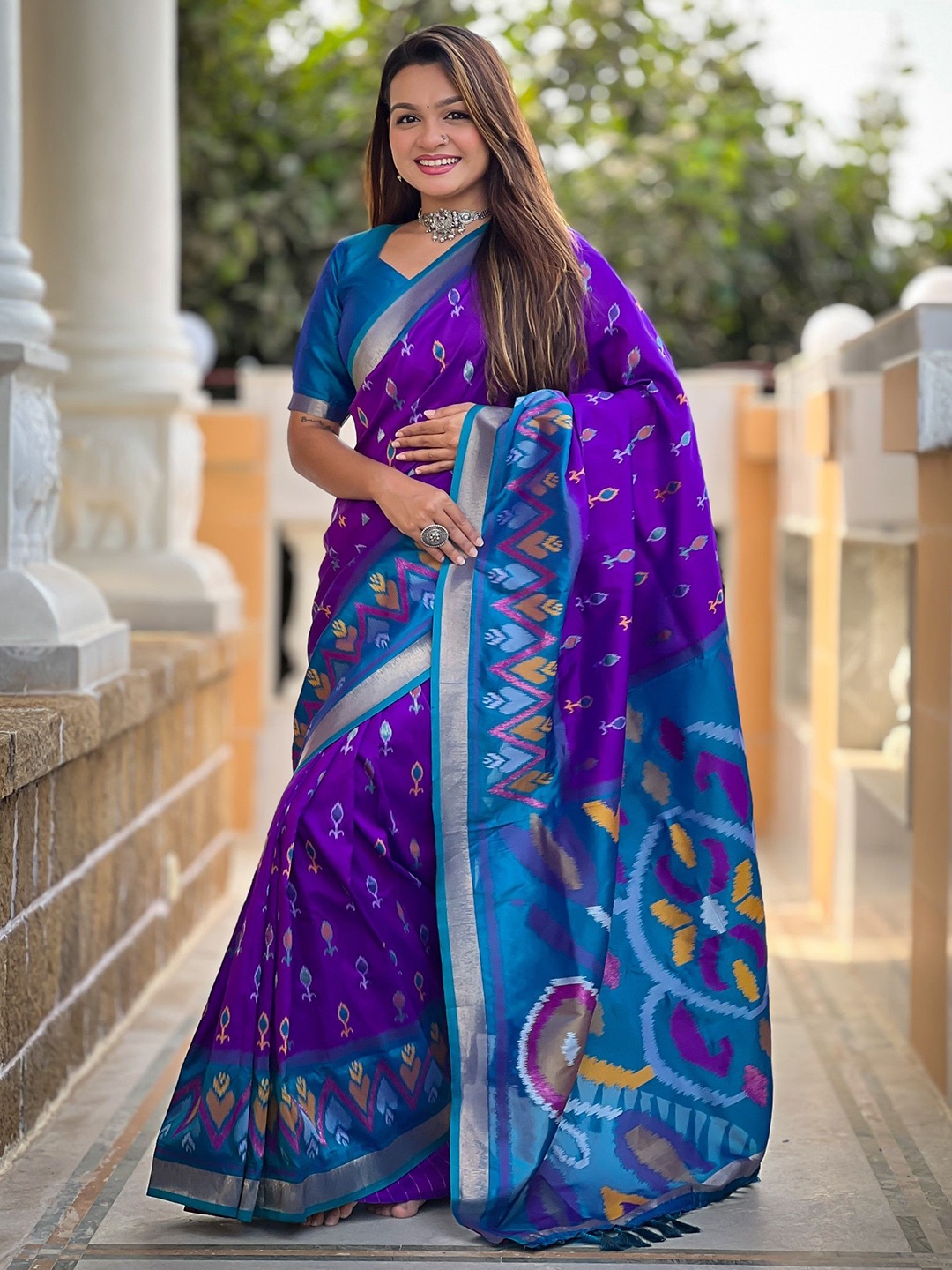 

Mitera Woven Design Zari Silk Blend Ikat Saree, Purple