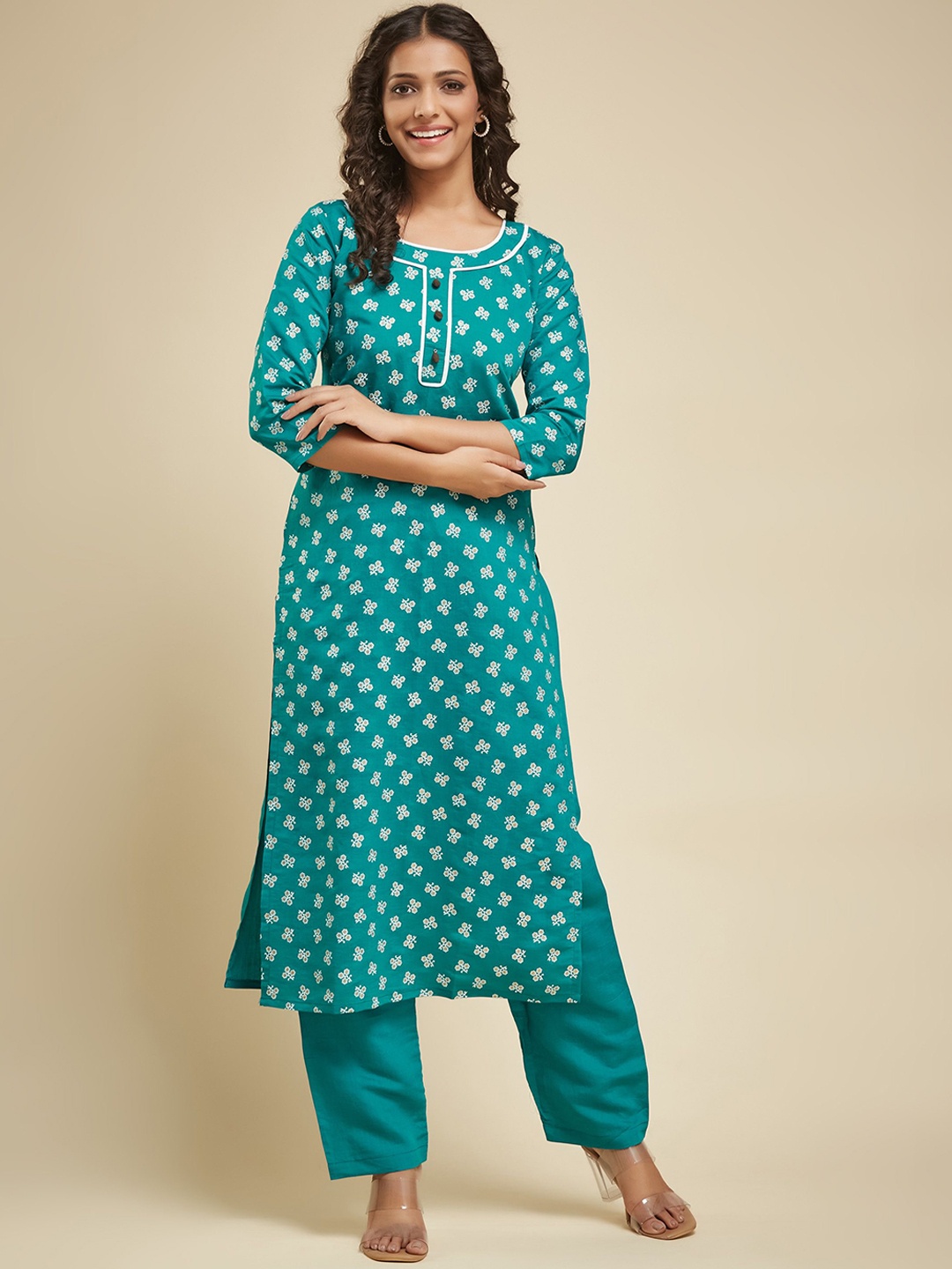 

Anara Women Ethnic Motifs Printed Regular Kurta with Pyjamas, Teal