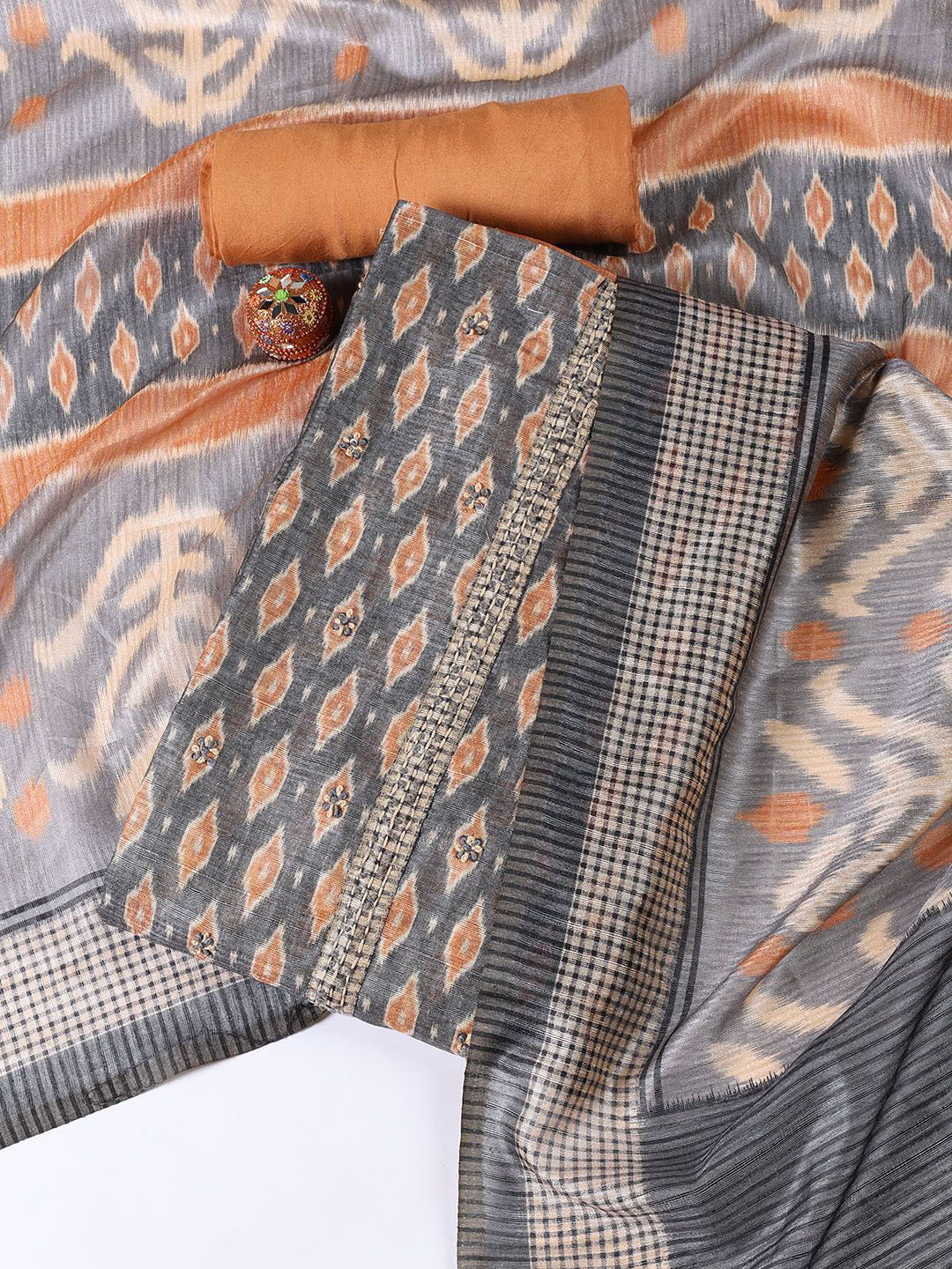 

Meena Bazaar Printed Art Silk Unstitched Dress Material, Grey