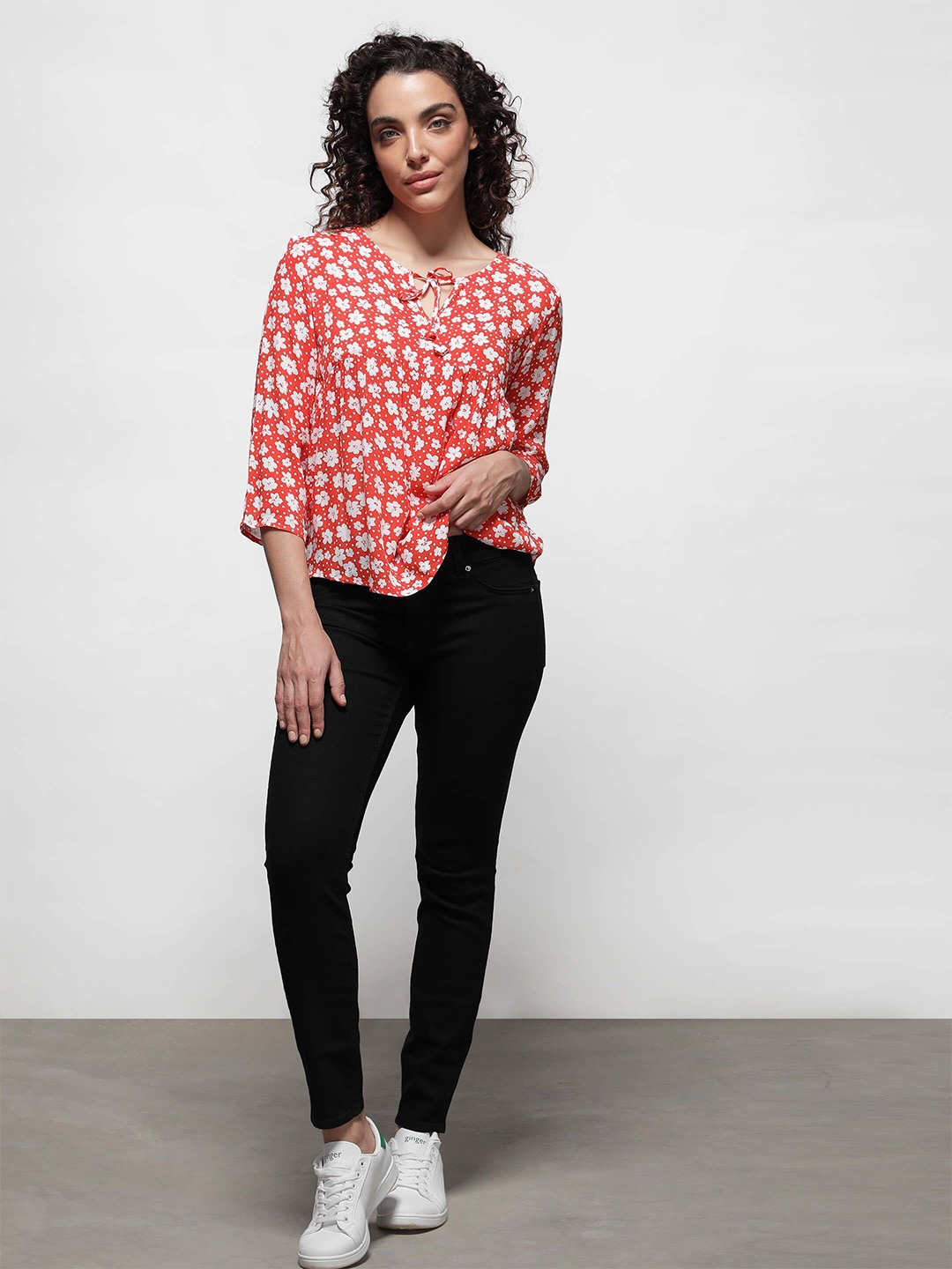 

IDK Floral Print Tie-Up Neck Blouson Top, Red