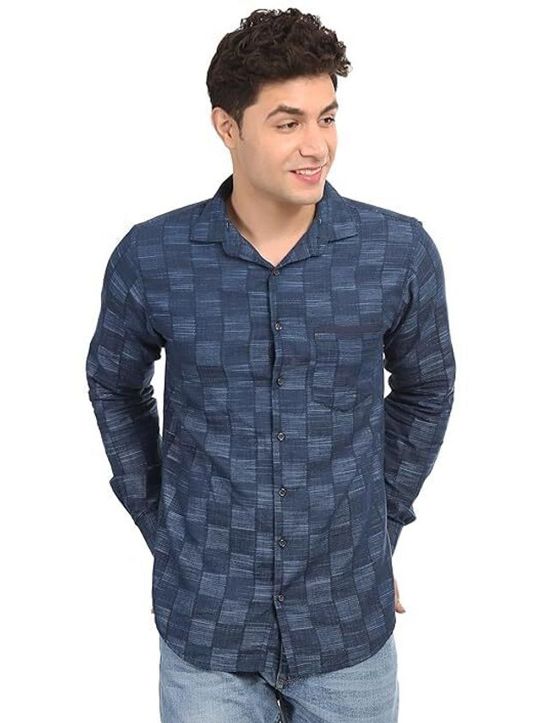 

CLUBWIN Men Opaque Checked Party Shirt, Navy blue