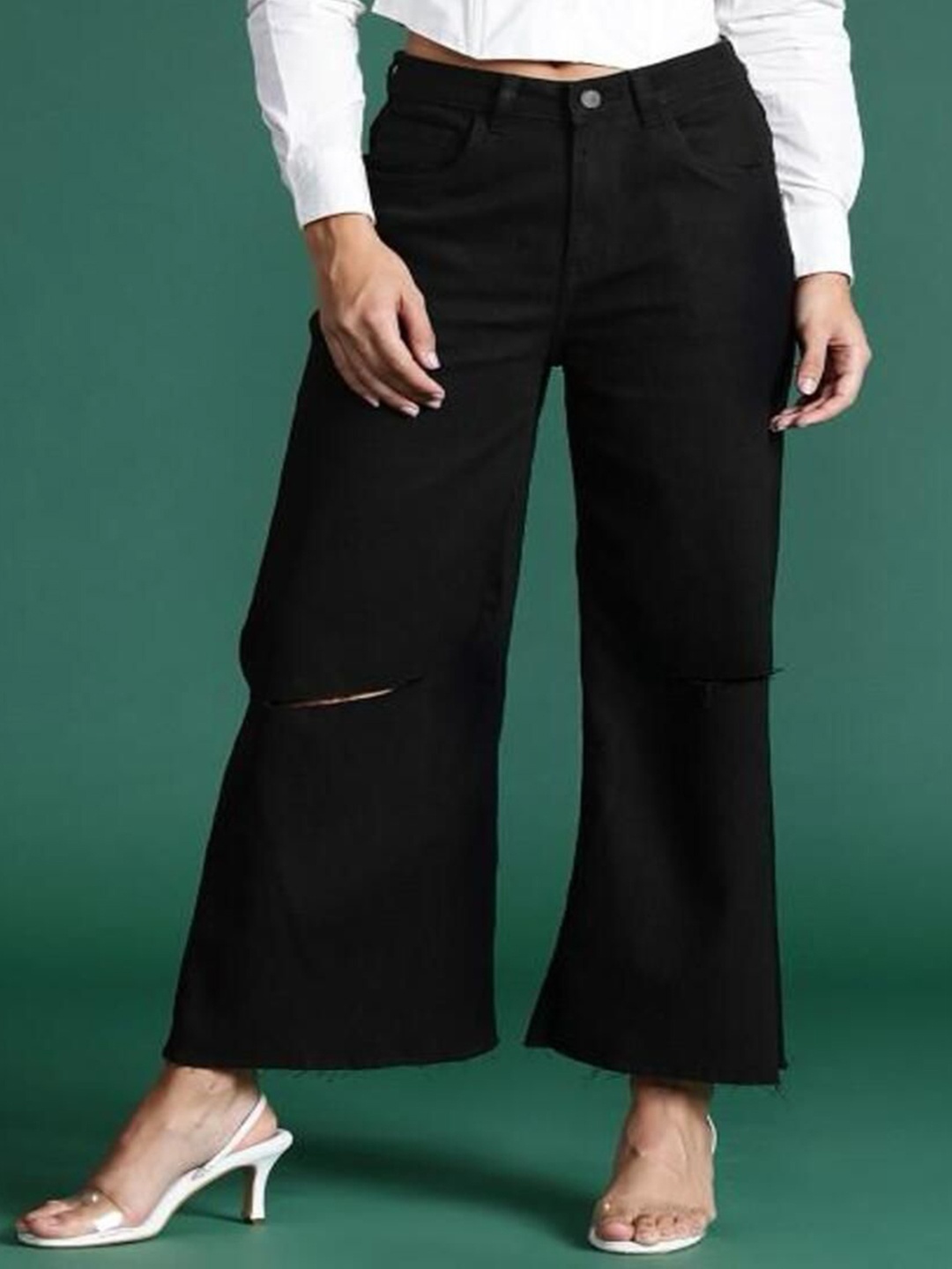 

Perfect Outlet Women Straight Fit High-Rise Slash Knee Stretchable Jeans, Black