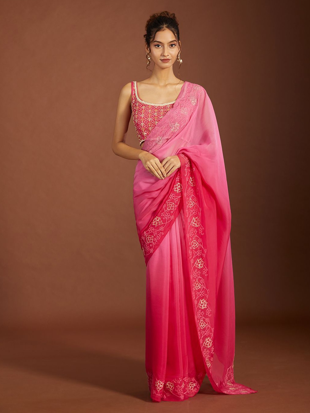 

Mystake By Meghna Shah Embroidered Saree With Blouse, Pink