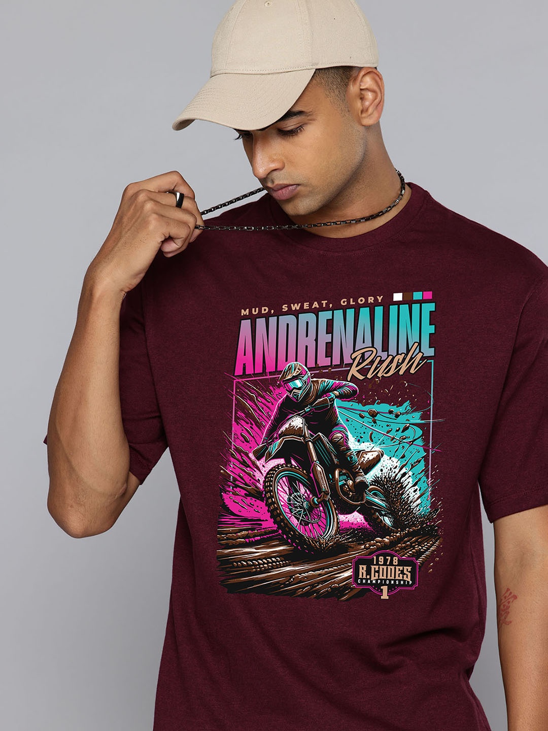 

R.Code by The Roadster Life Co. Men Printed Applique T-shirt, Burgundy