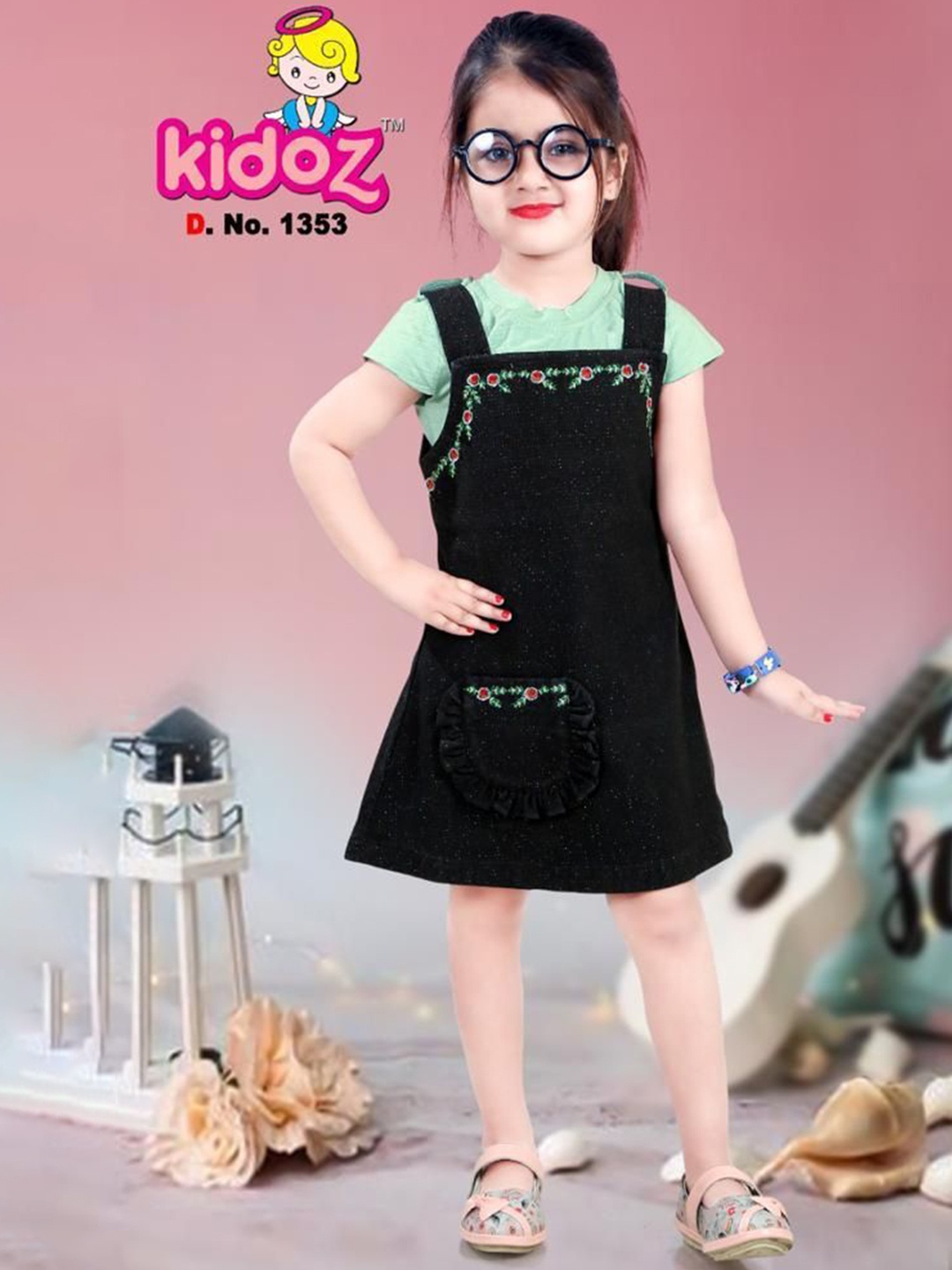 

kidoz Girls Embroidered Dungarees With T-Shirt, Black