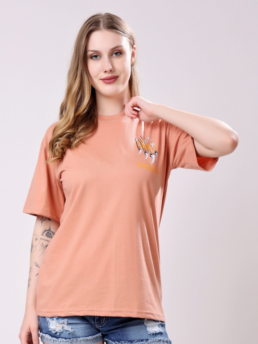 

London Hills Women Printed Drop-Shoulder Sleeves T-shirt, Peach