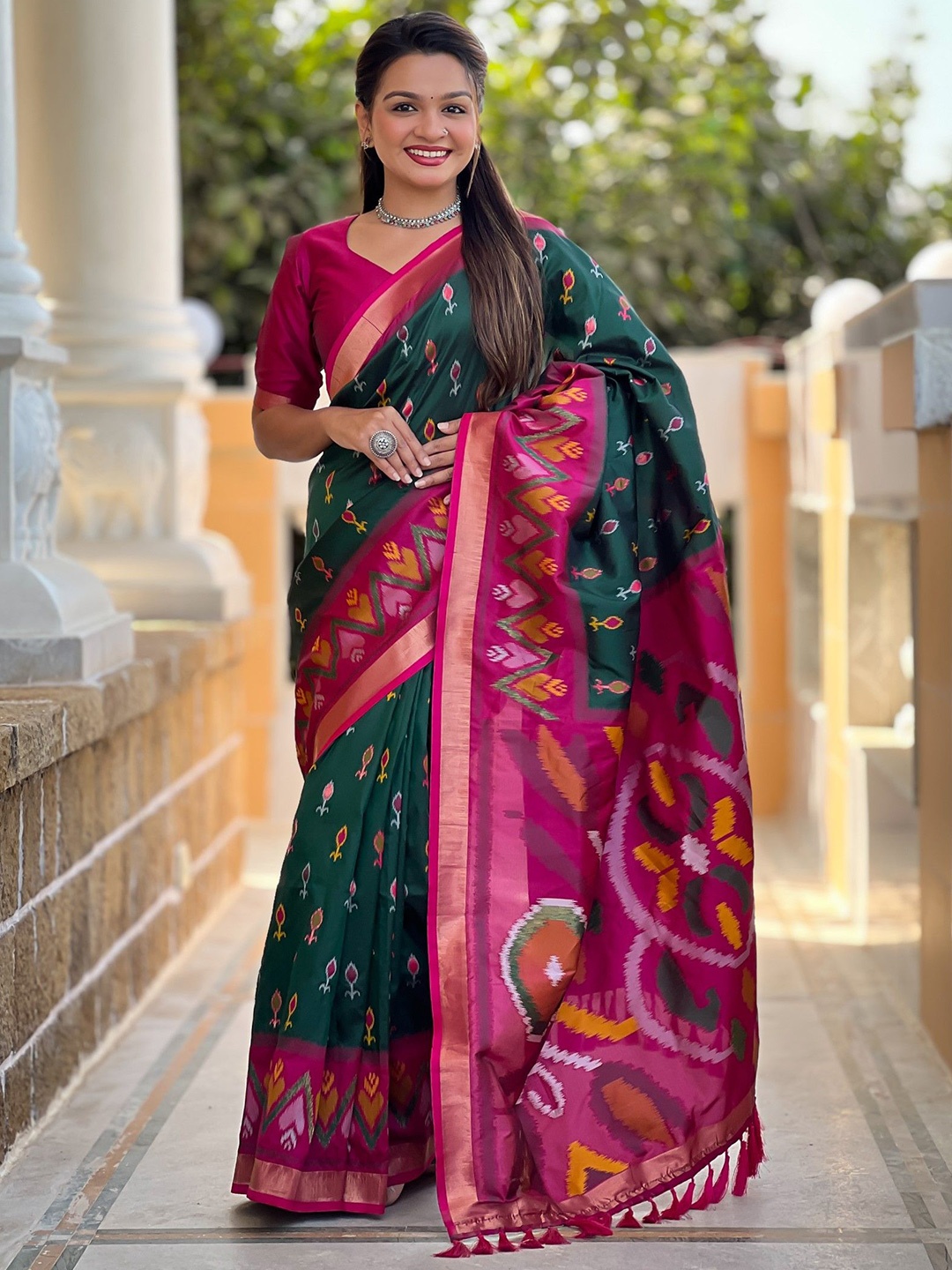 

Panzora Silk Blend Designer Ikat Saree, Green