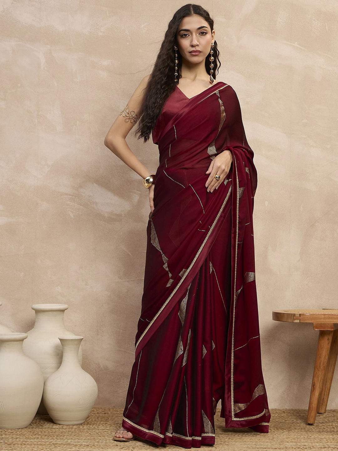 

all about you Striped Satin Saree, Maroon
