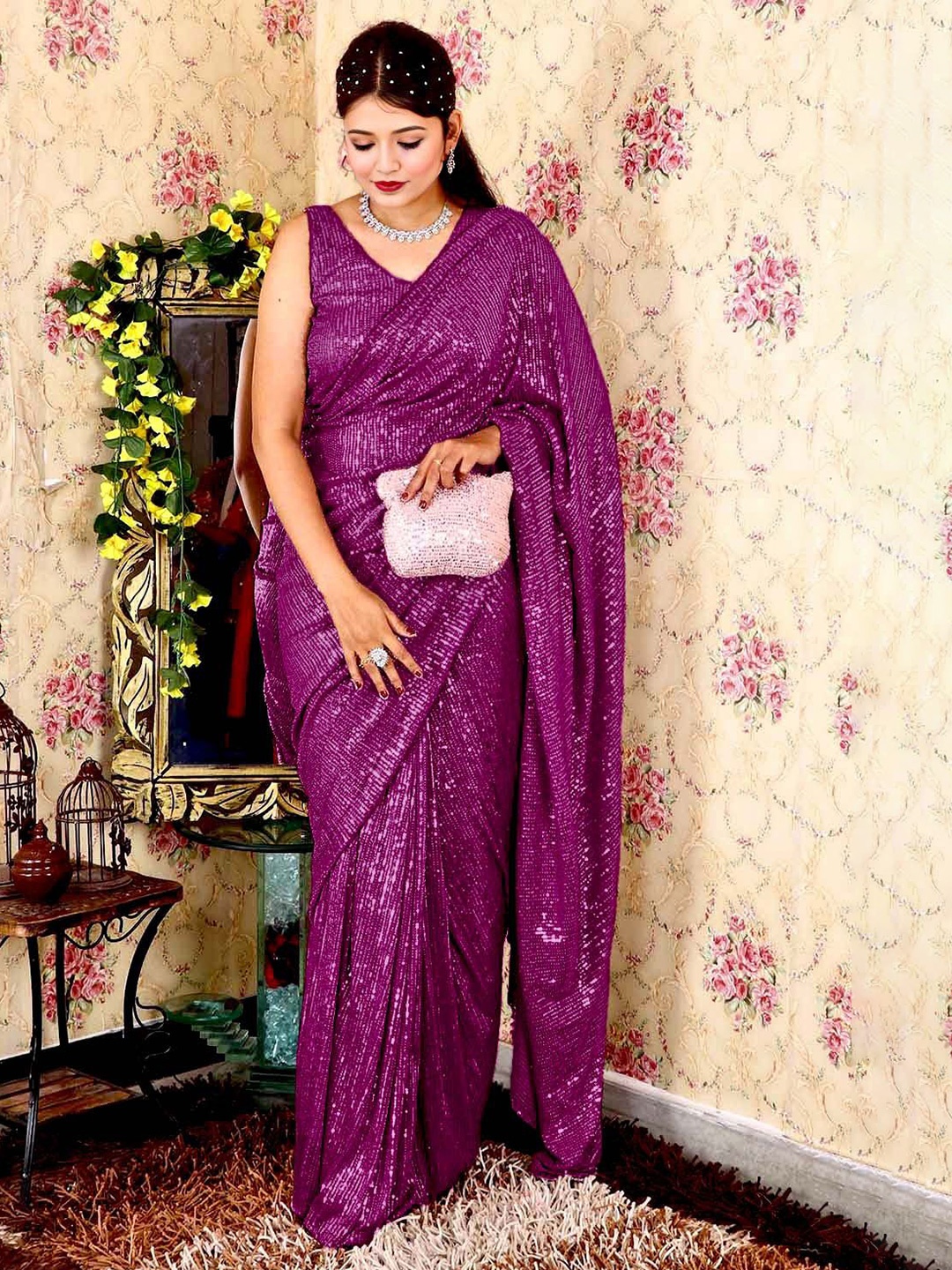 

ANJANI TEXTILE Embellished Sequinned Poly Georgette Saree, Purple
